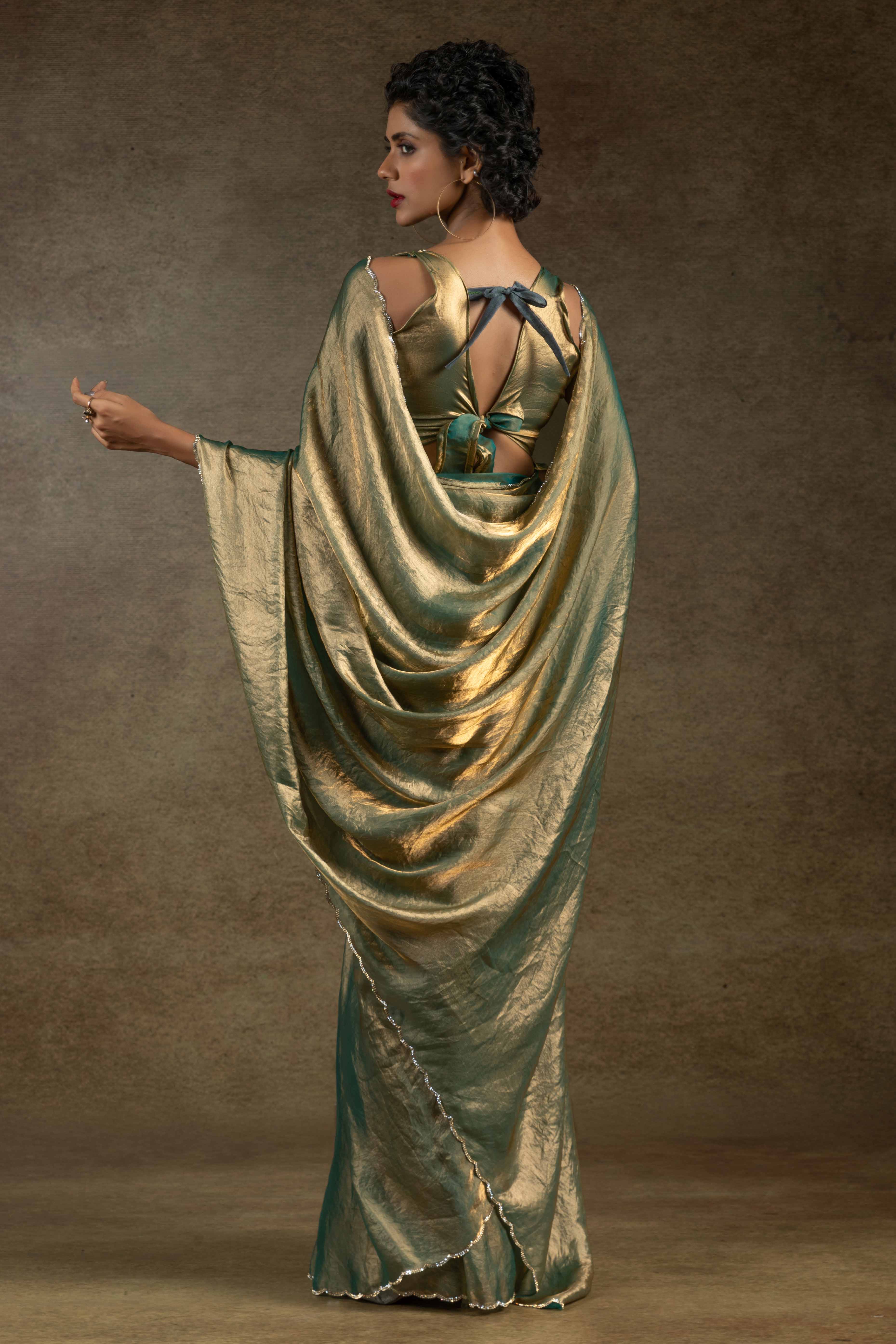 Green Solid With Diamond Work Satin Ready To Wear Saree