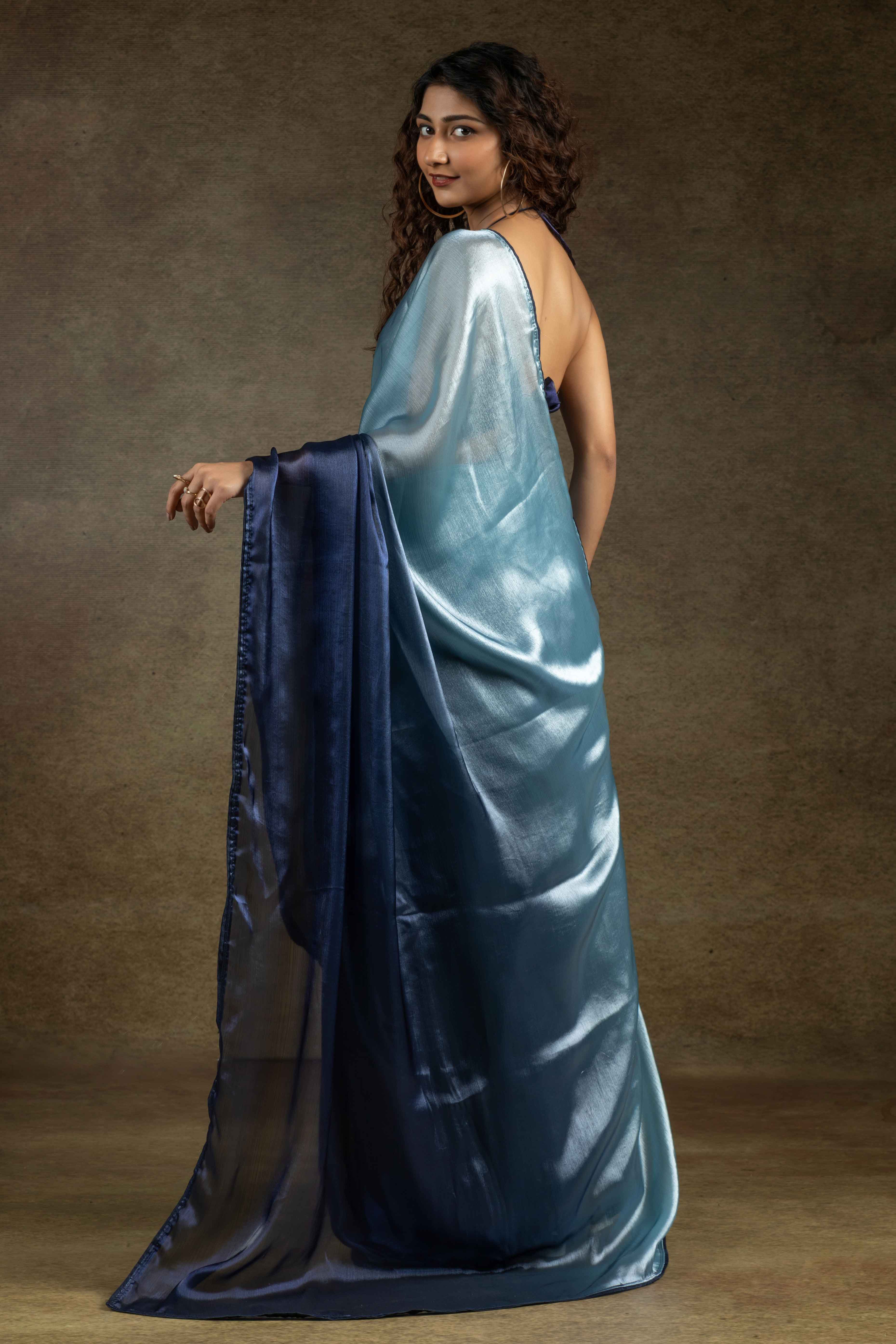 Bluish Grey & Navy Blue Ombre Satin Saree in Solid Finish with Ready-to-Wear Silhouette