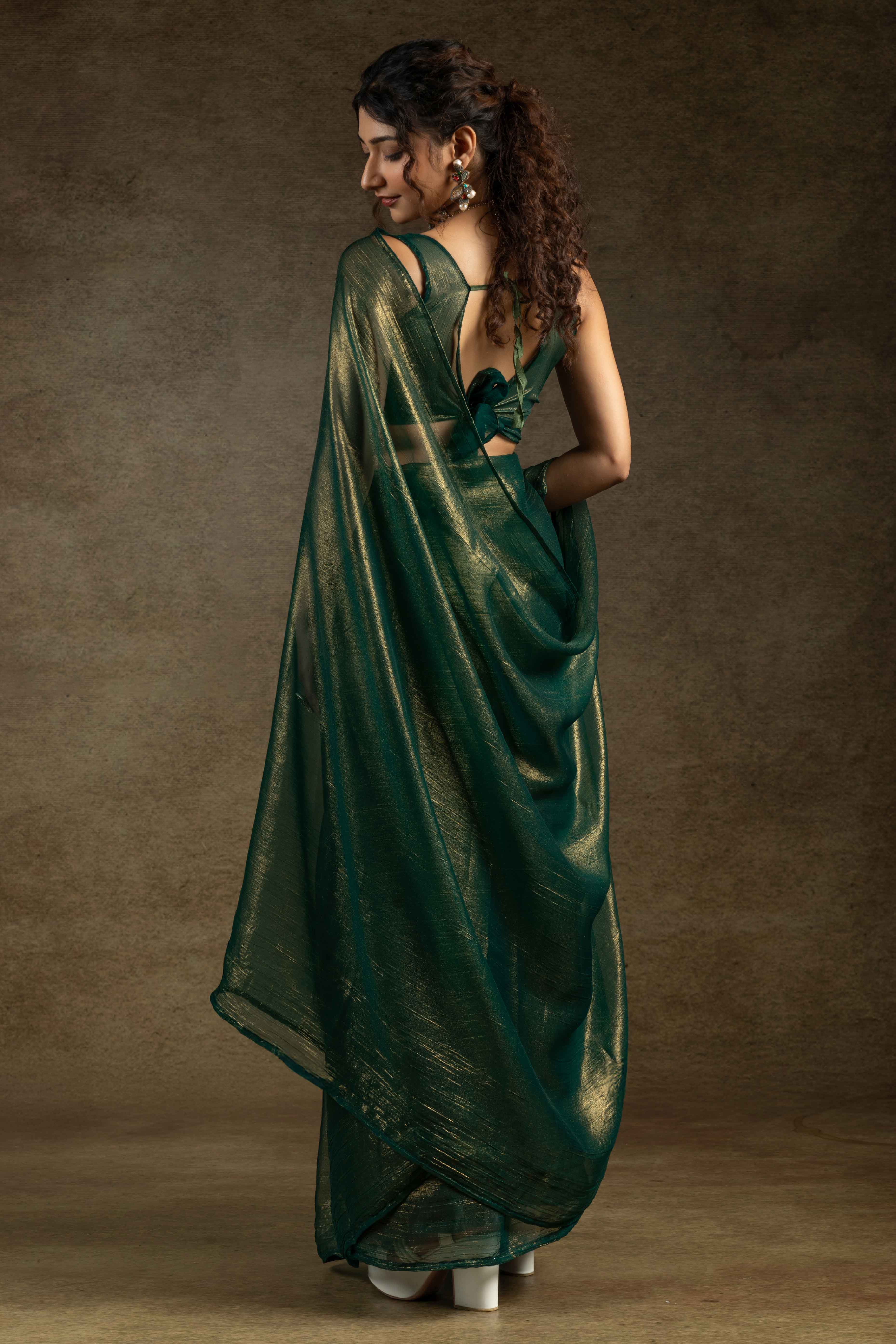 Green Ready-to-Wear Chiffon Saree in Minimal Solid Pattern for a Classy Vibe