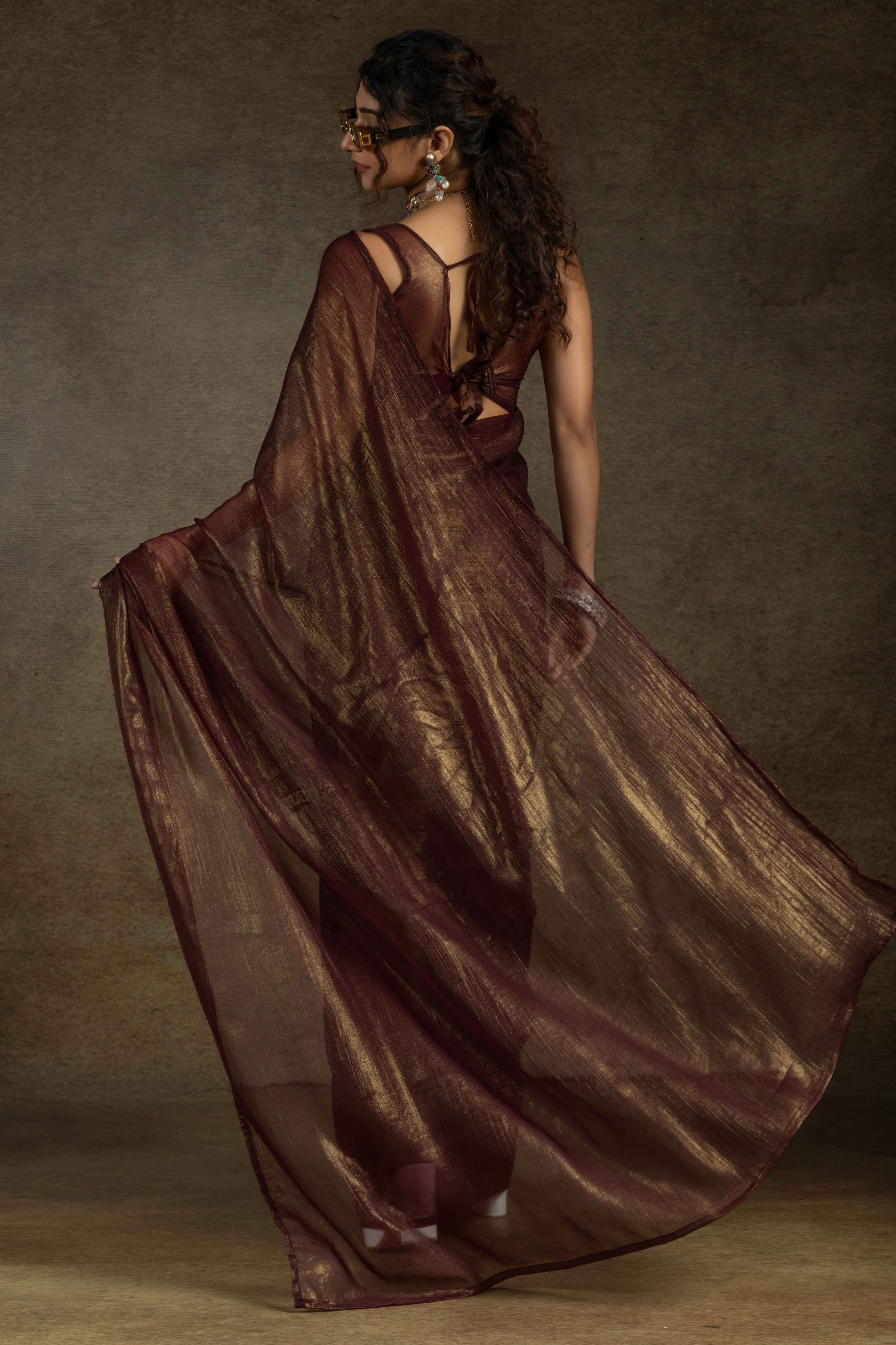 Brown Ready-to-Wear Chiffon Saree in Minimal Solid Pattern for a Classy Vibe