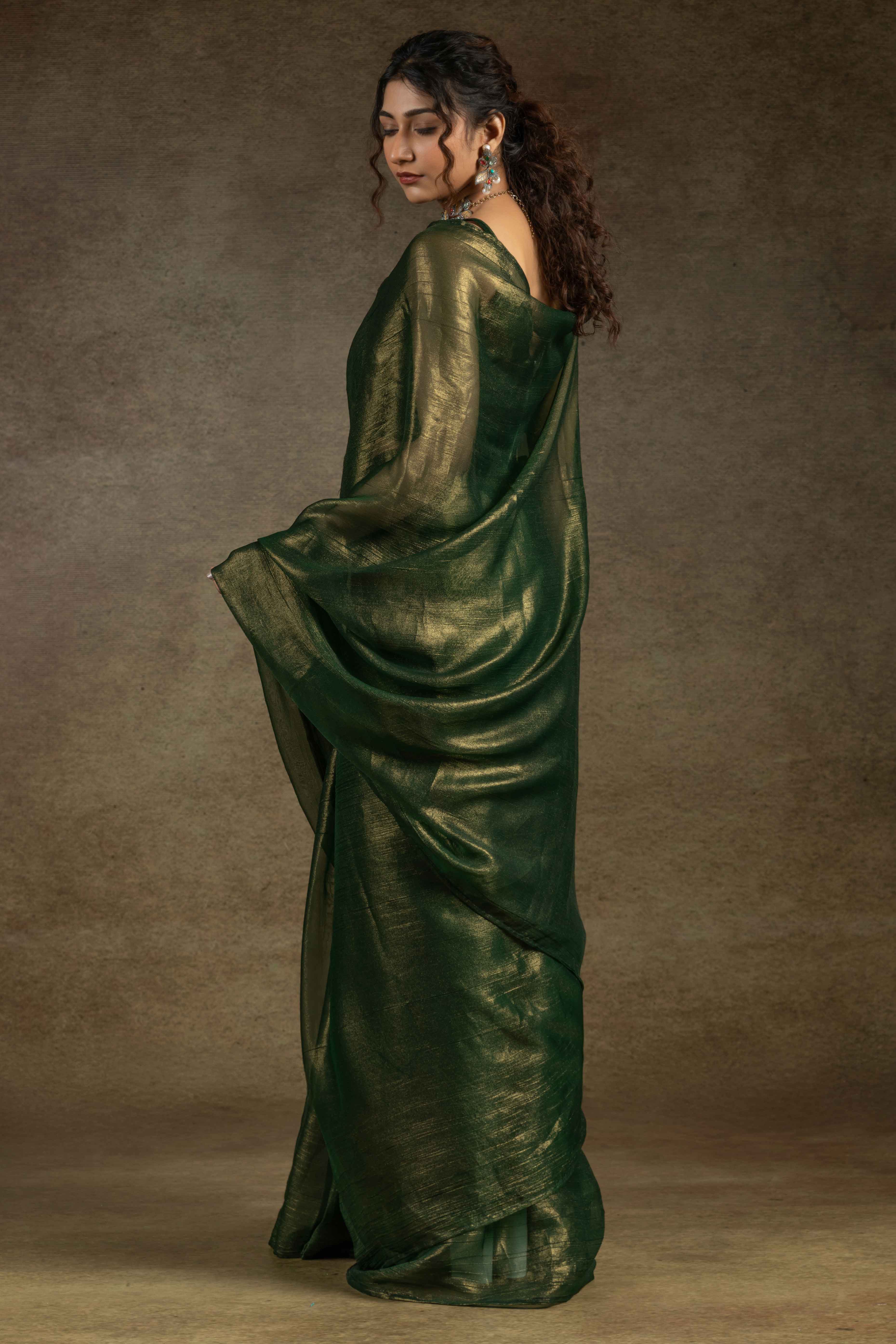 Forest Green Ready-to-Wear Chiffon Saree in Minimal Solid Pattern for a Classy Vibe