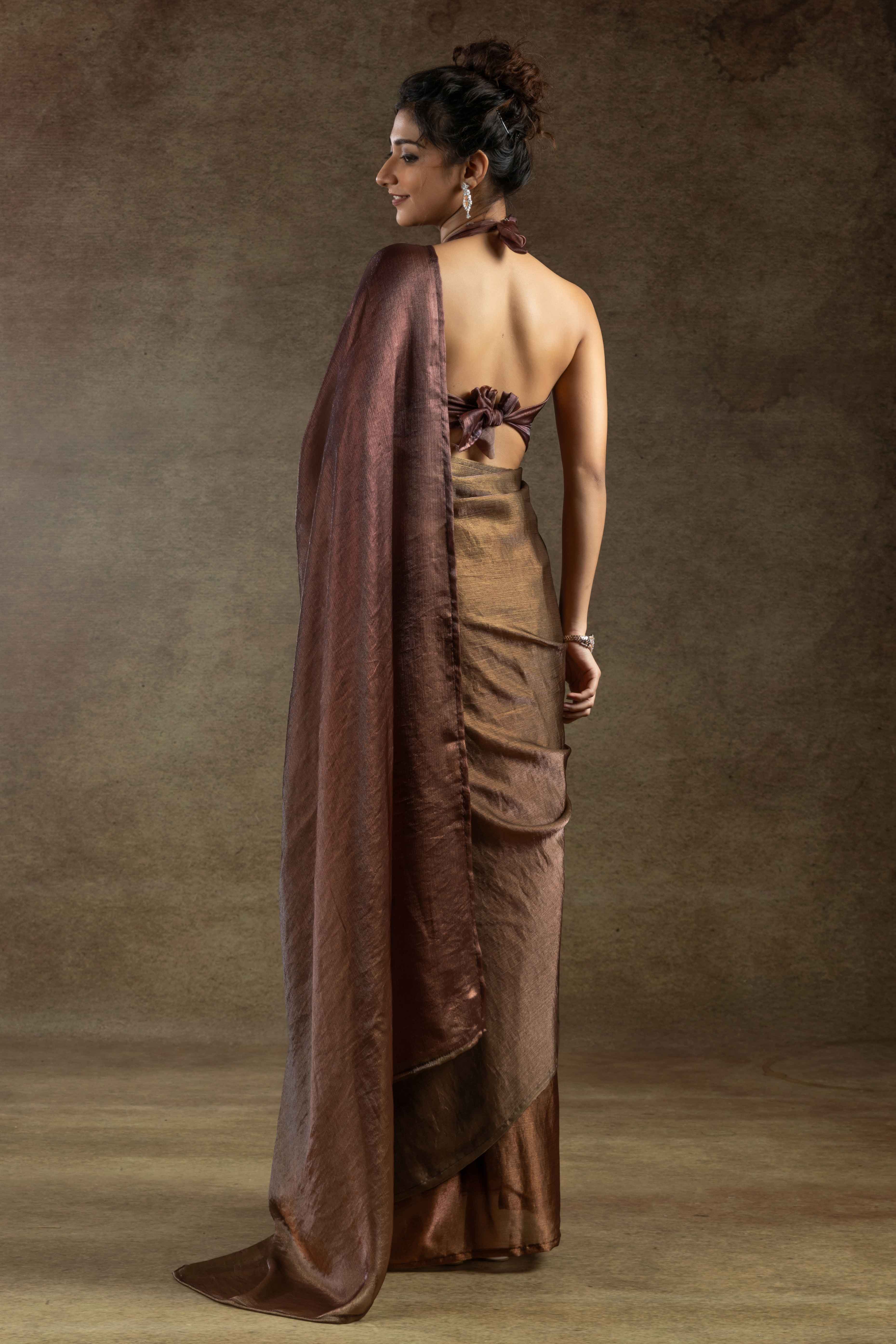 Coffee Brown Ready-to-Wear Chiffon Saree in Minimal Solid Pattern for a Classy Vibe