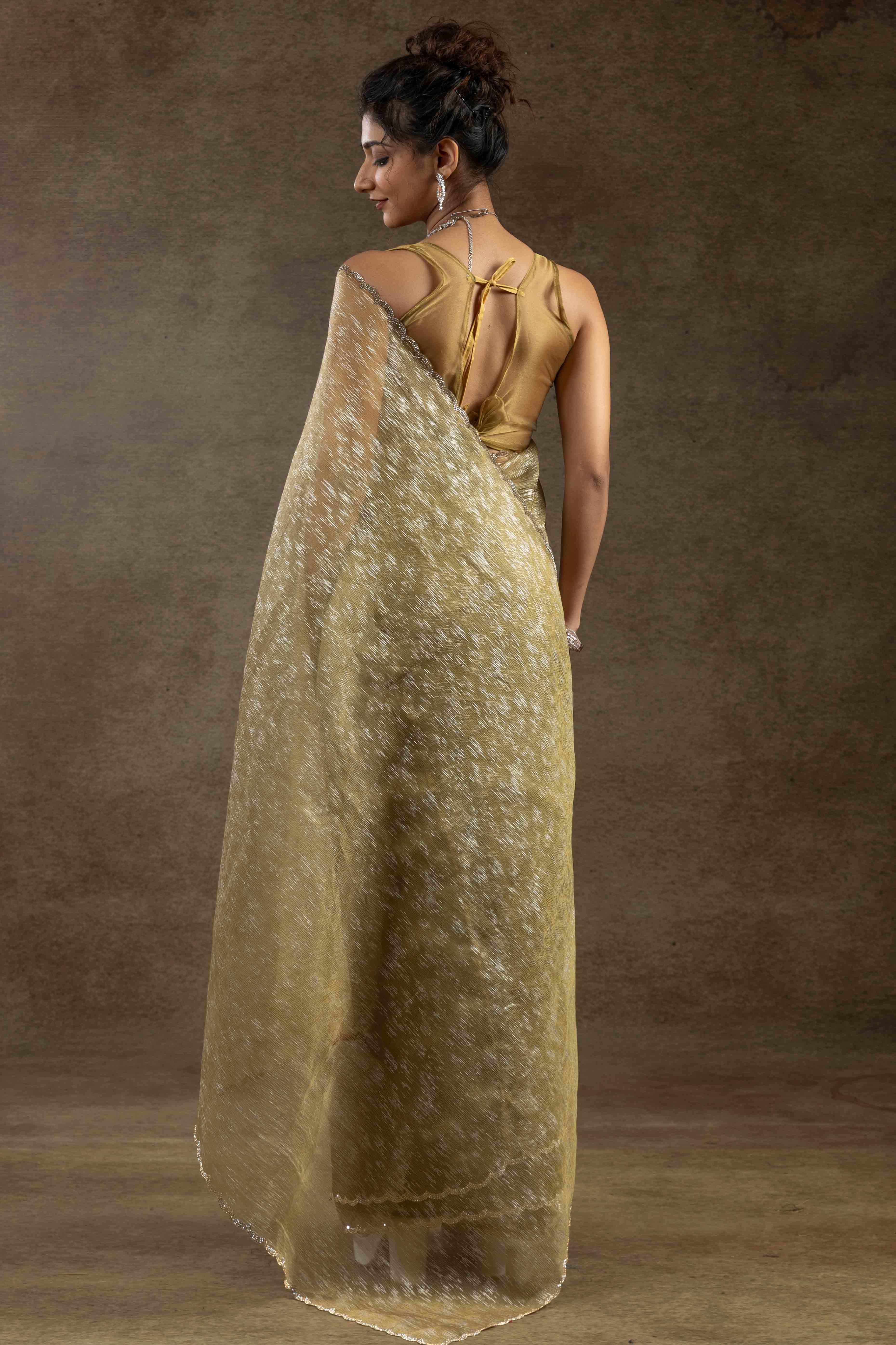 Golden Yellow Crush Foil Print With Delicate Zarkan Border Organza Ready To Wear Saree