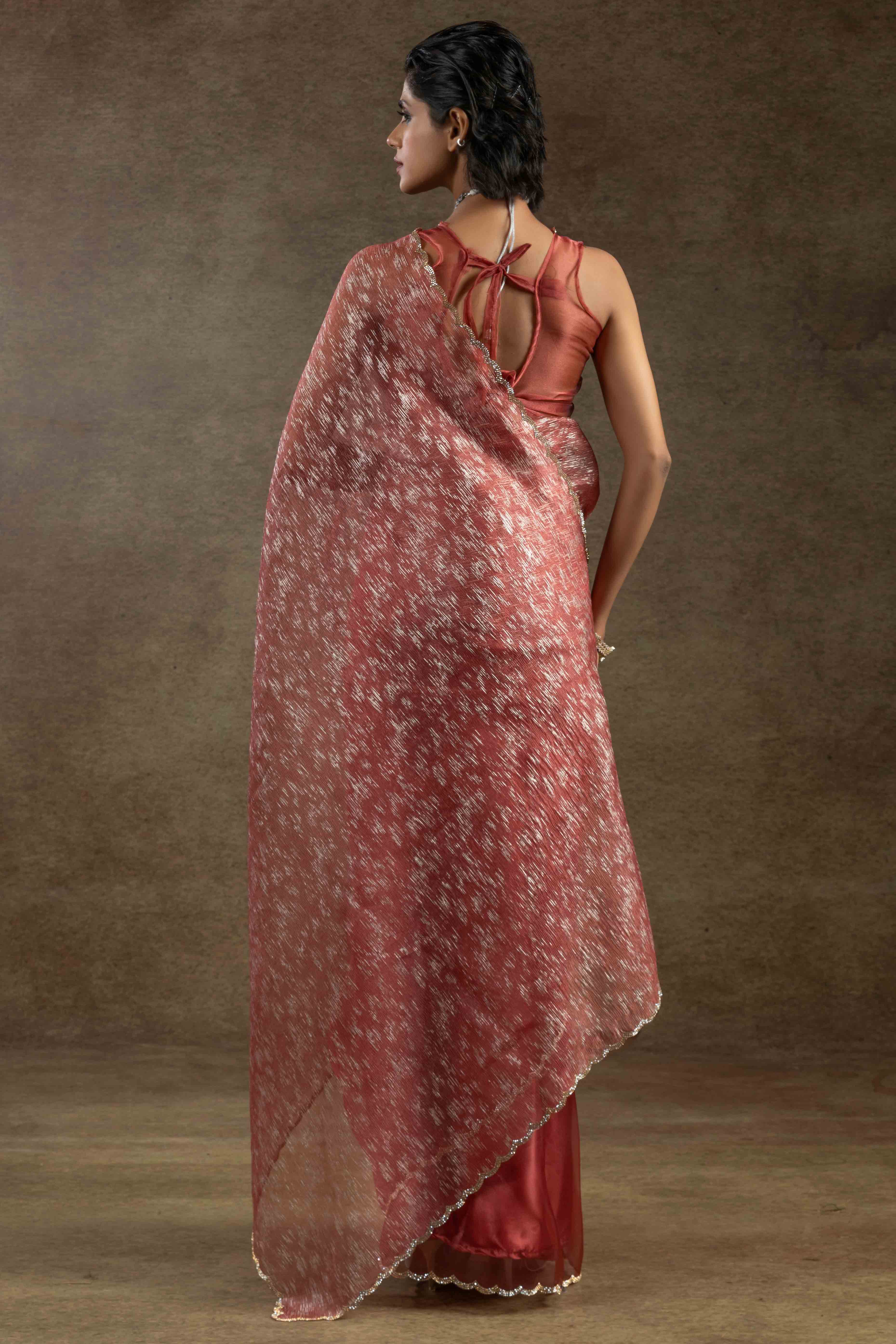 Dark Peach Crush Foil Print With Delicate Zarkan Border Organza Ready To Wear Saree