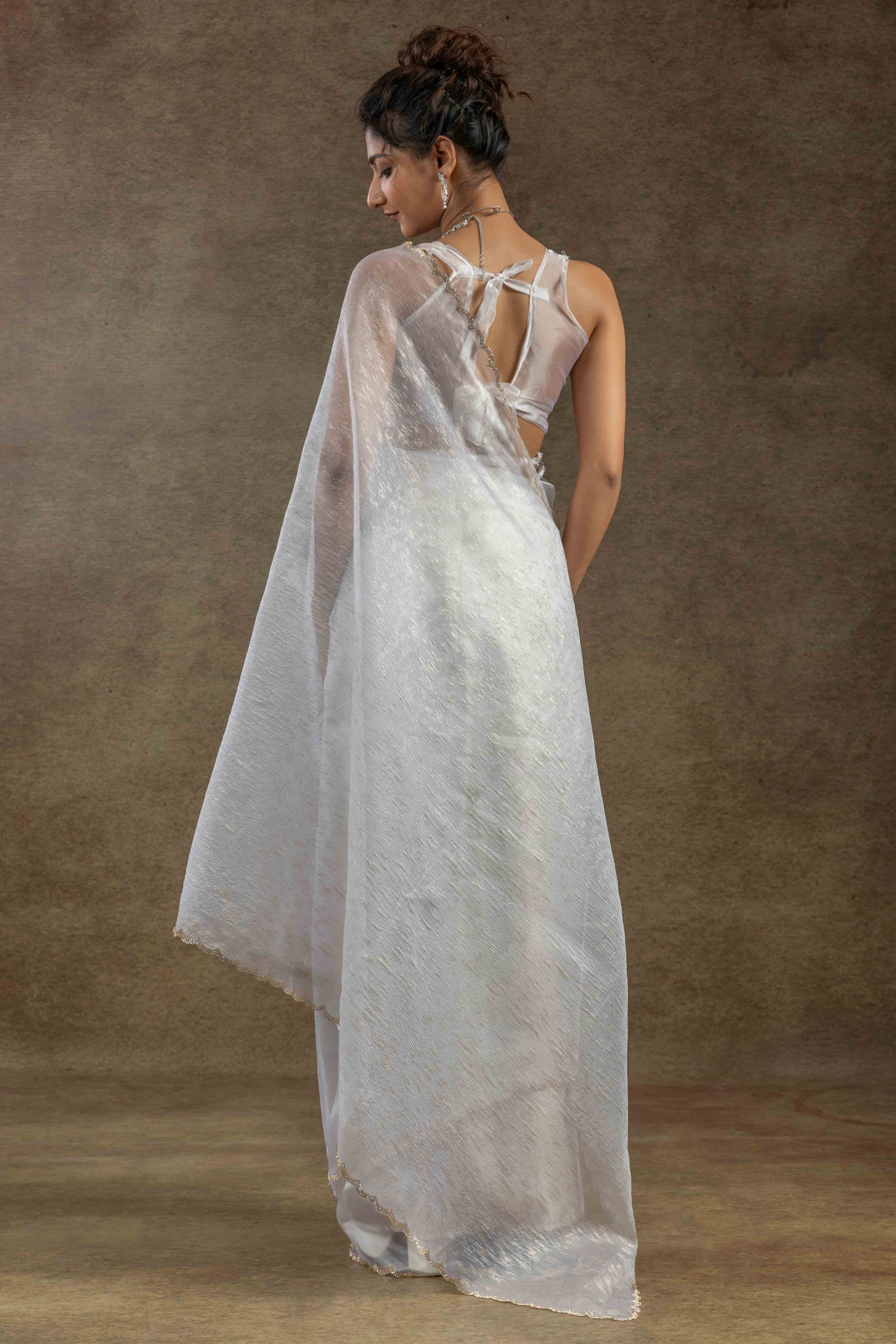 White Crush Foil Print With Delicate Zarkan Border Organza Ready To Wear Saree