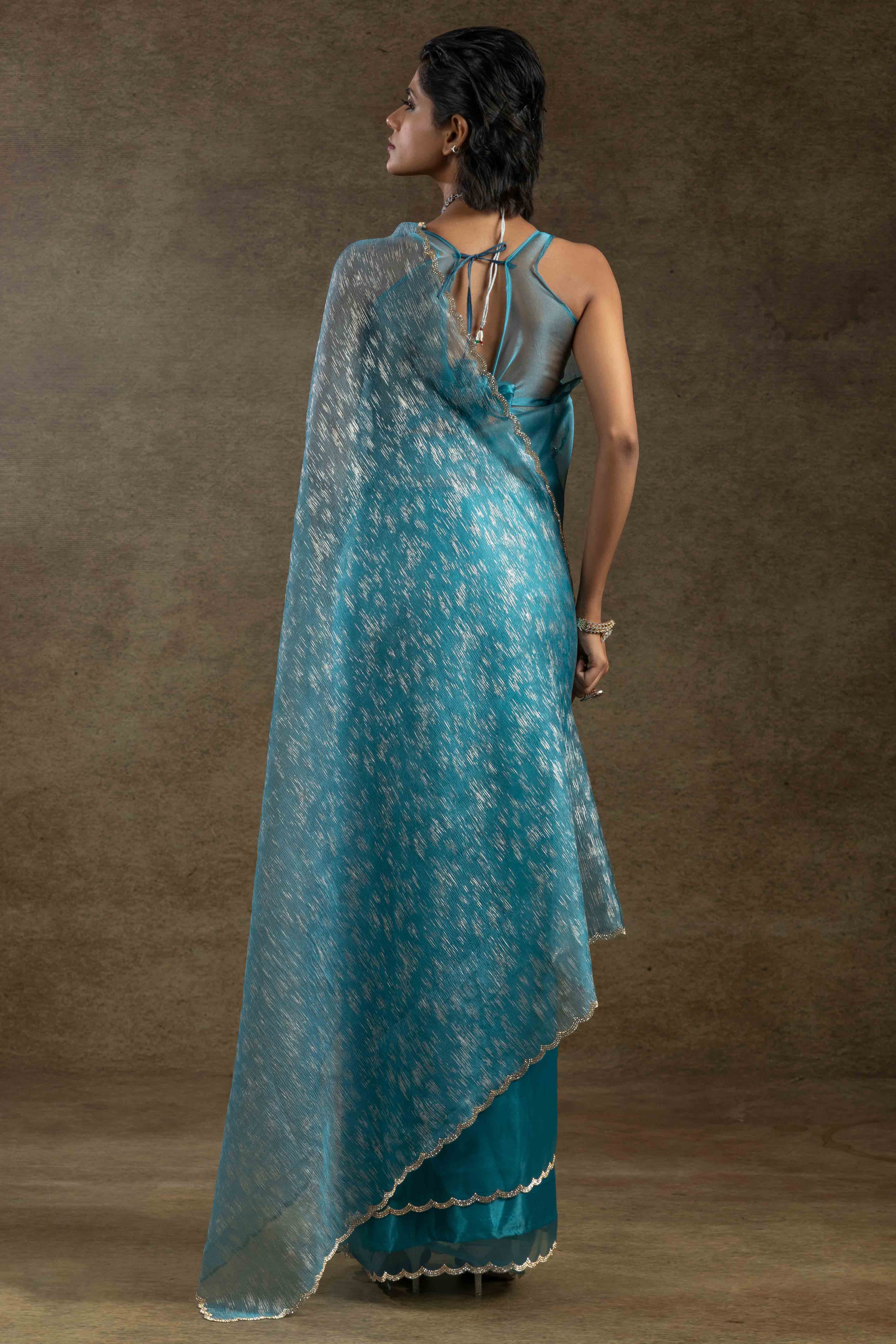 Blue Crush Foil Print With Delicate Zarkan Border Organza Ready To Wear Saree