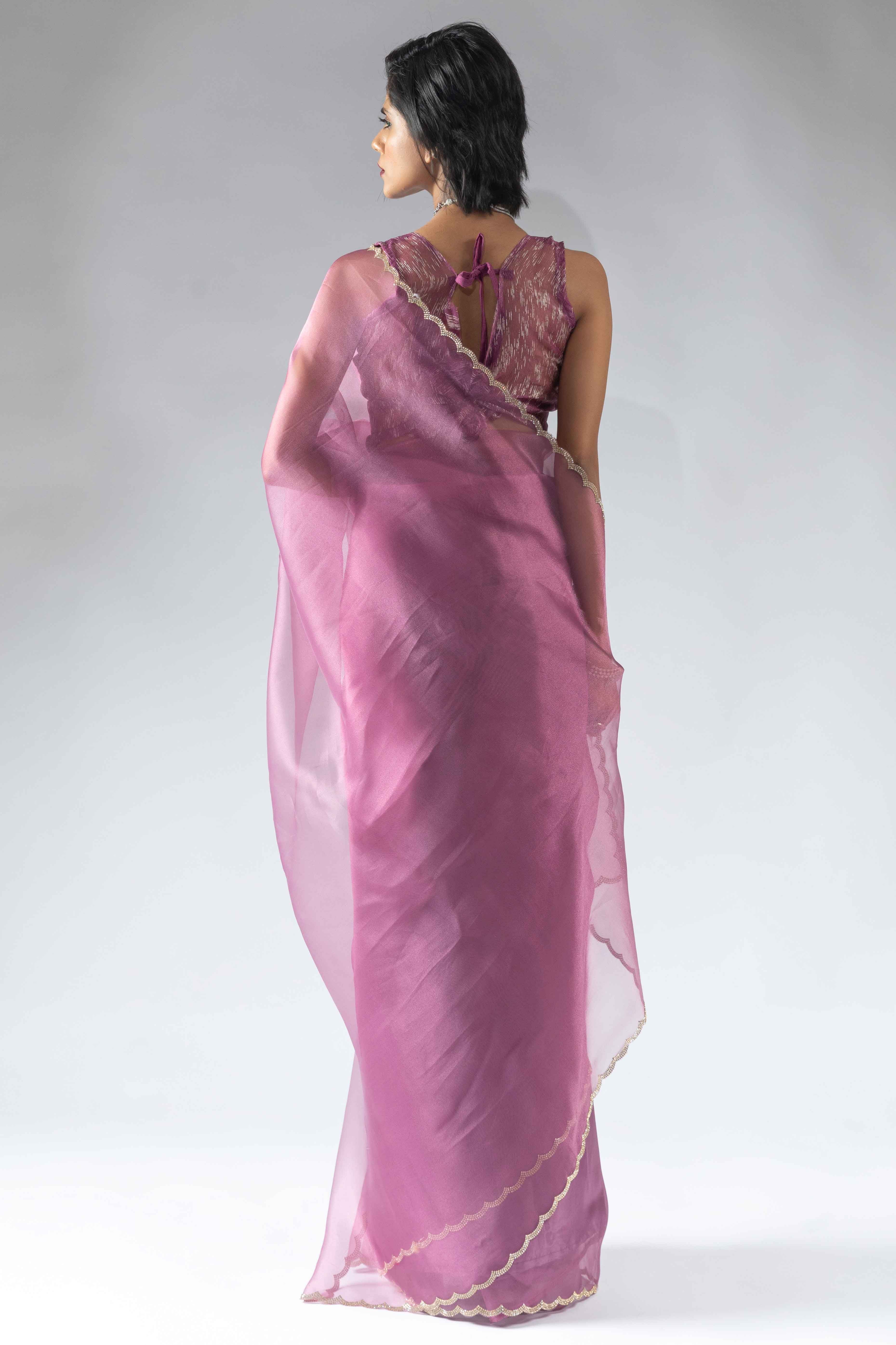 Helio Violet Solid With Intricate Zarkan Border Organza Ready To Wear Saree