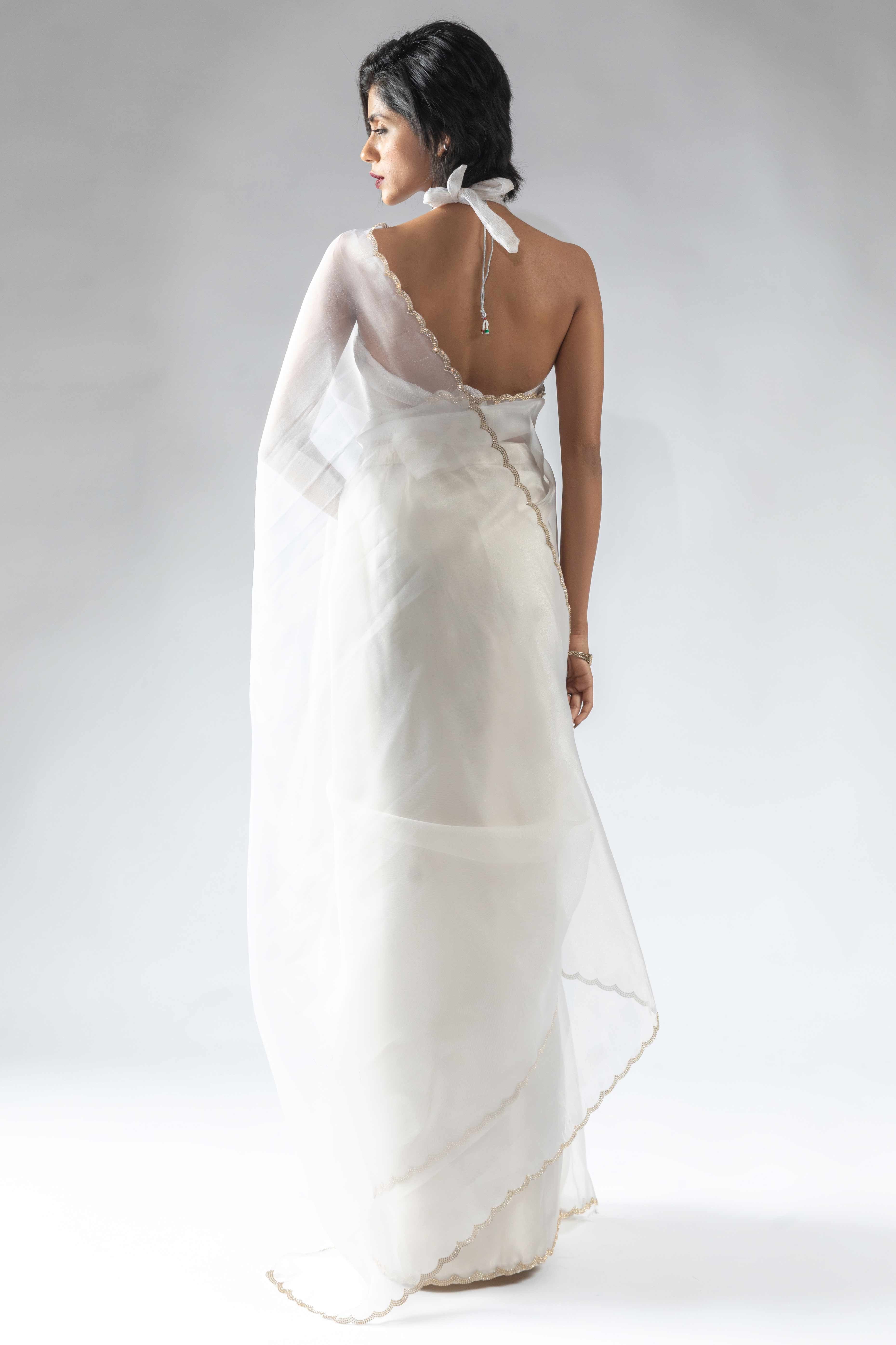 White Solid With Intricate Zarkan Border Organza Ready To Wear Saree