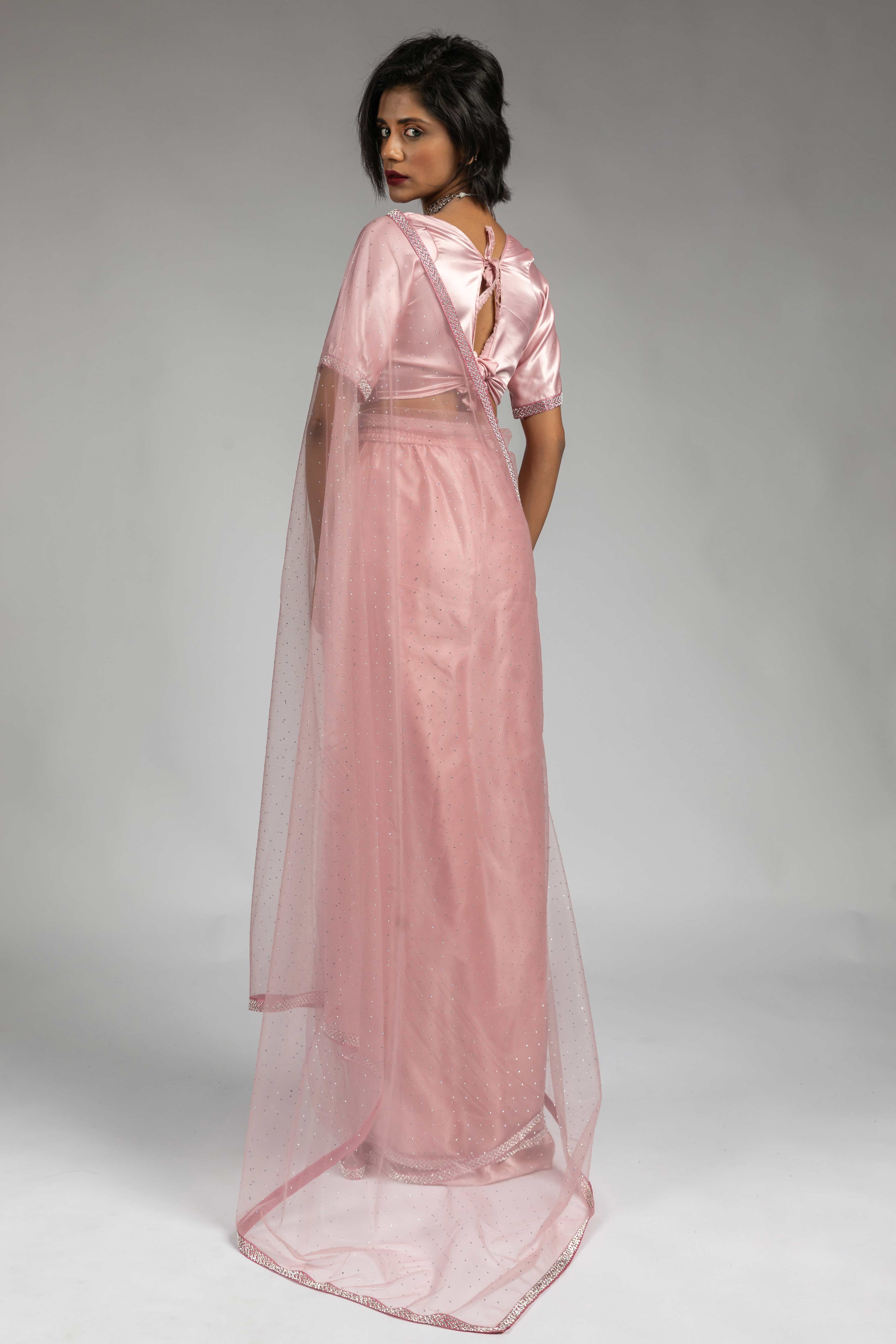 Flamingo Pink Intricate Zarkan Detailing Soft Net Ready To Wear Saree