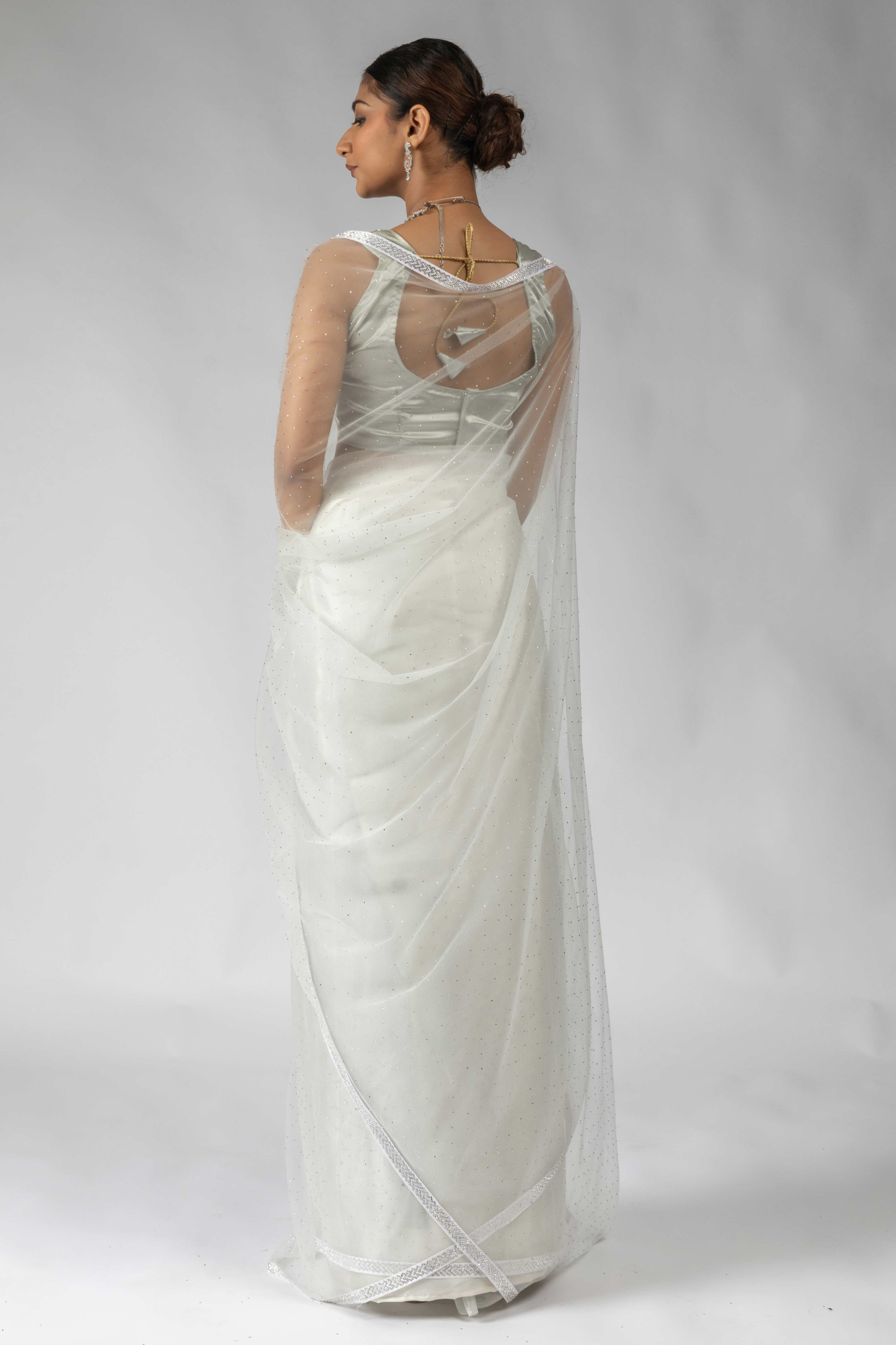 White Intricate Zarkan Detailing Soft Net Ready To Wear Saree