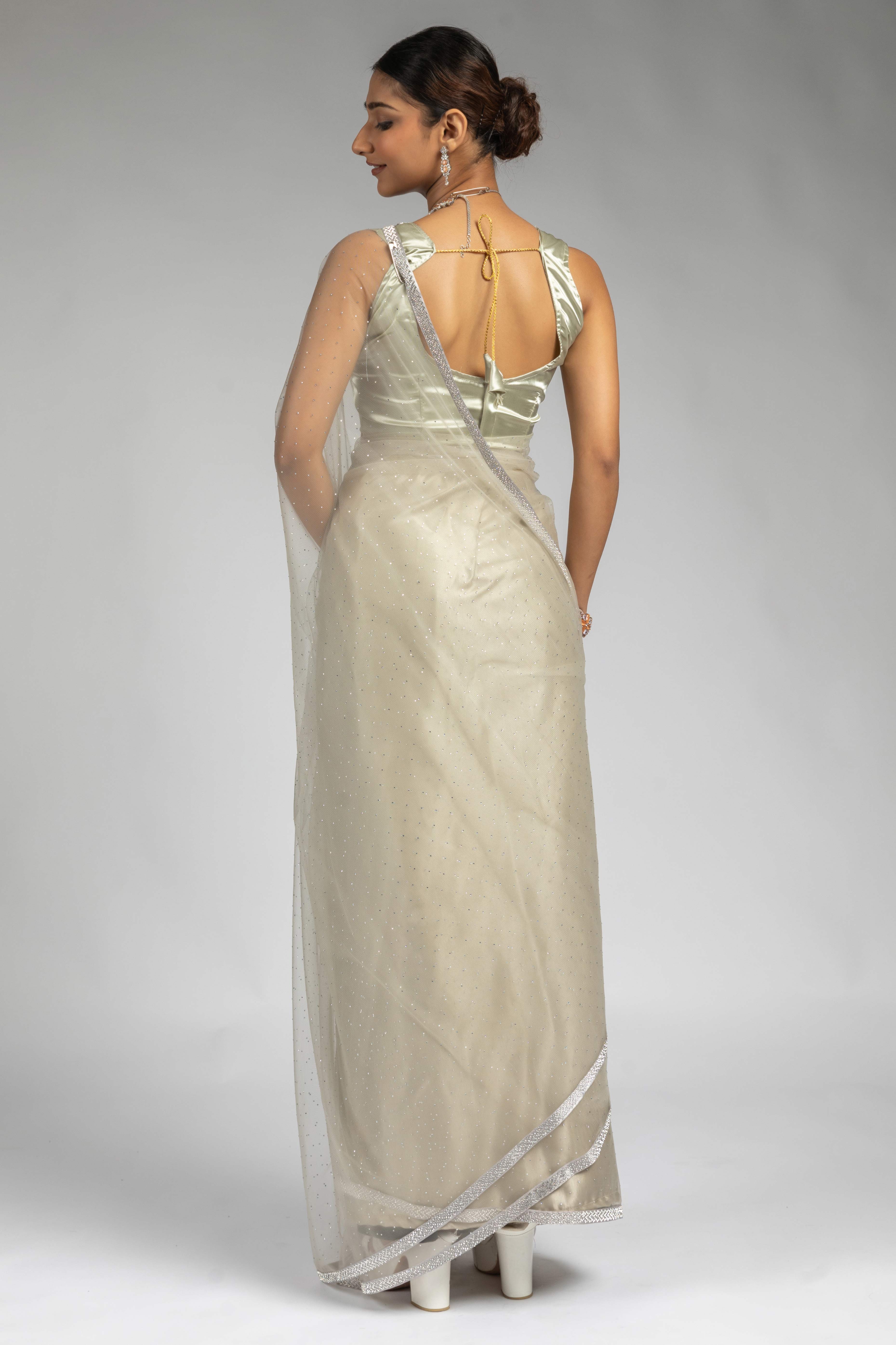 Beige Intricate Zarkan Detailing Soft Net Ready To Wear Saree