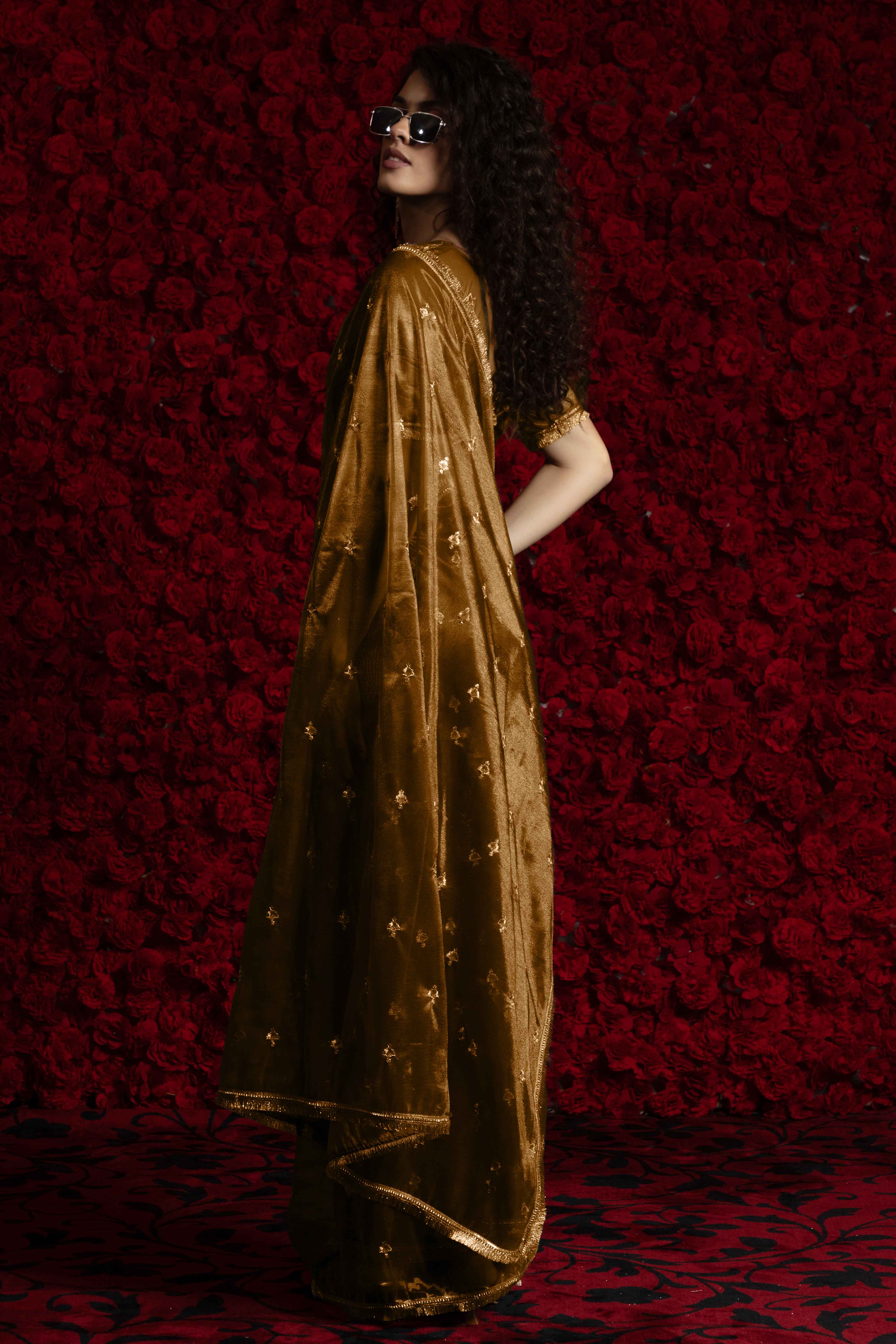 Golden Brown Floral Zari Embroidered Net Organza Saree with Intricate Handwork Lace Border