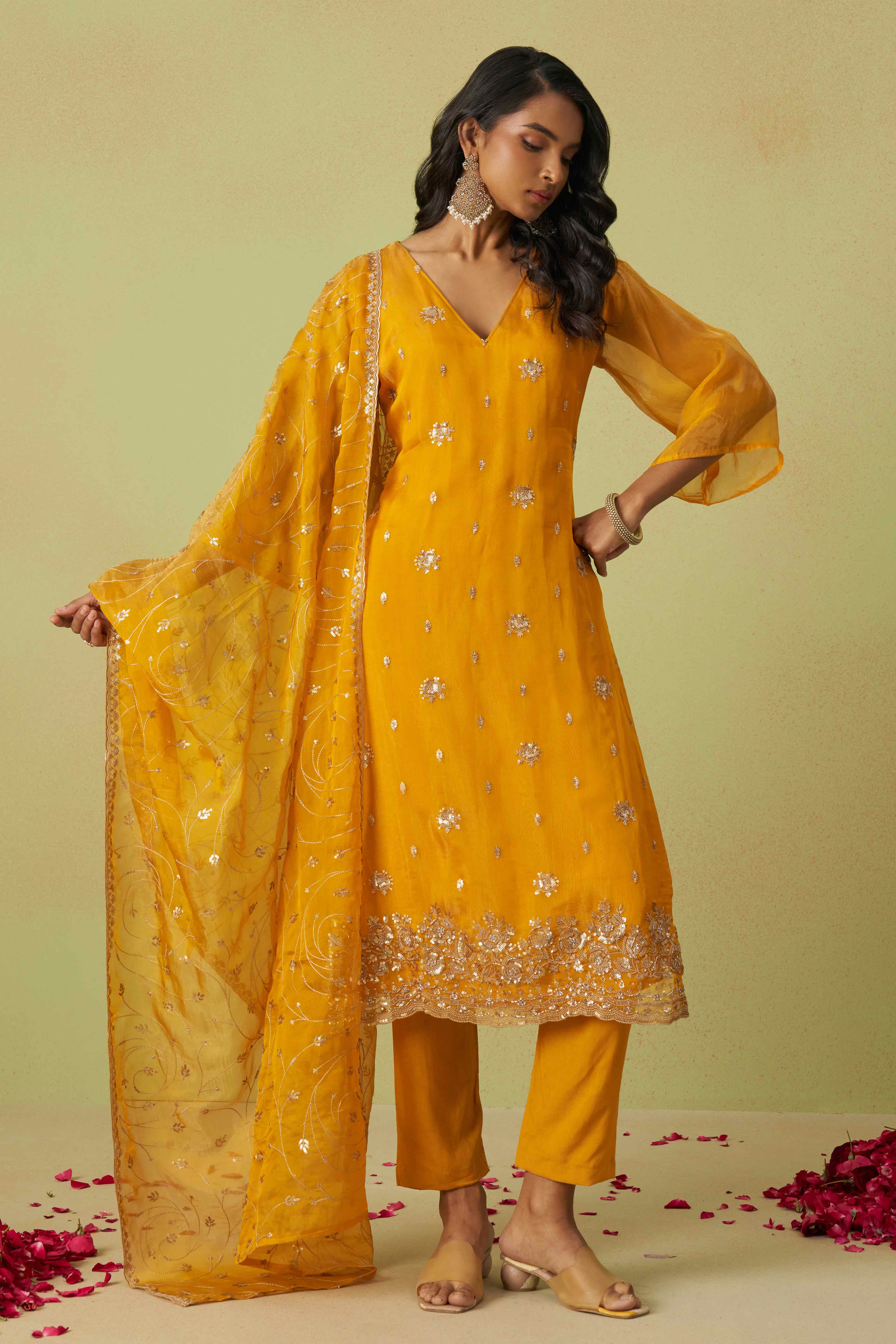 Mustard Sequins Embroidery With Stonework Organza Shimmer Semi Stitched Suit