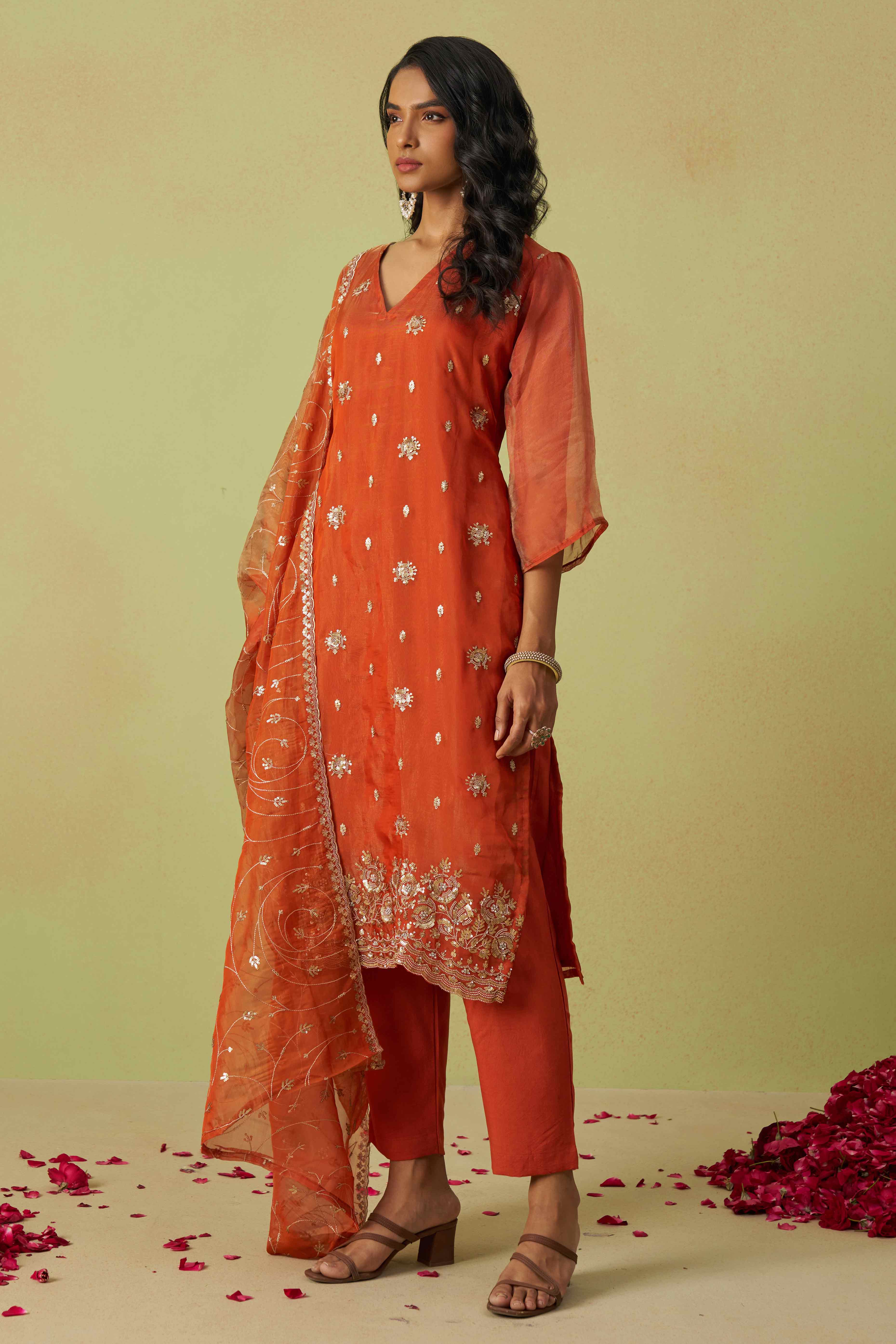 Rust Orange Sequins Embroidery With Stonework Organza Shimmer Semi Stitched Suit