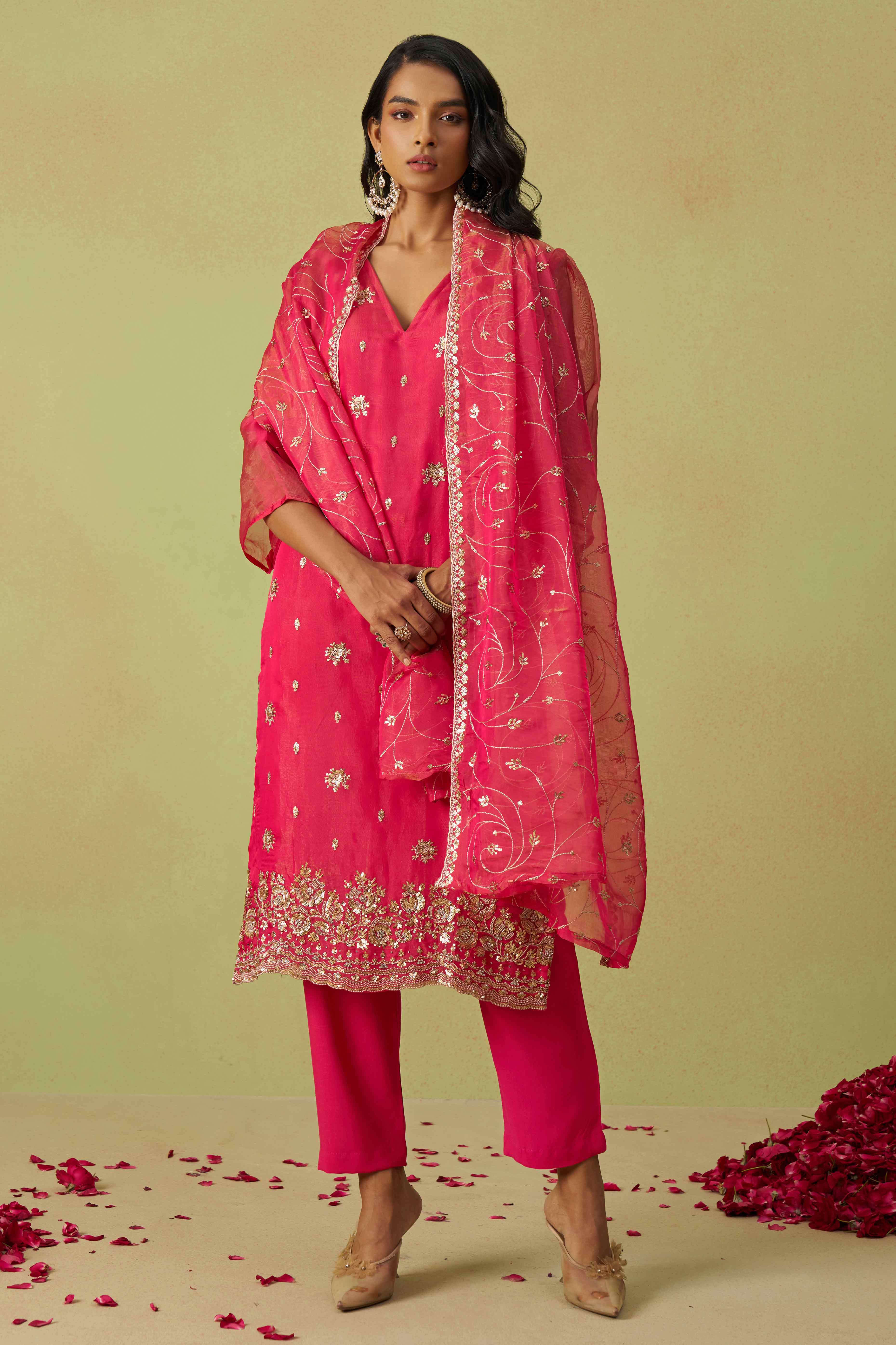 Pink Sequins Embroidery With Stonework Organza Shimmer Semi Stitched Suit