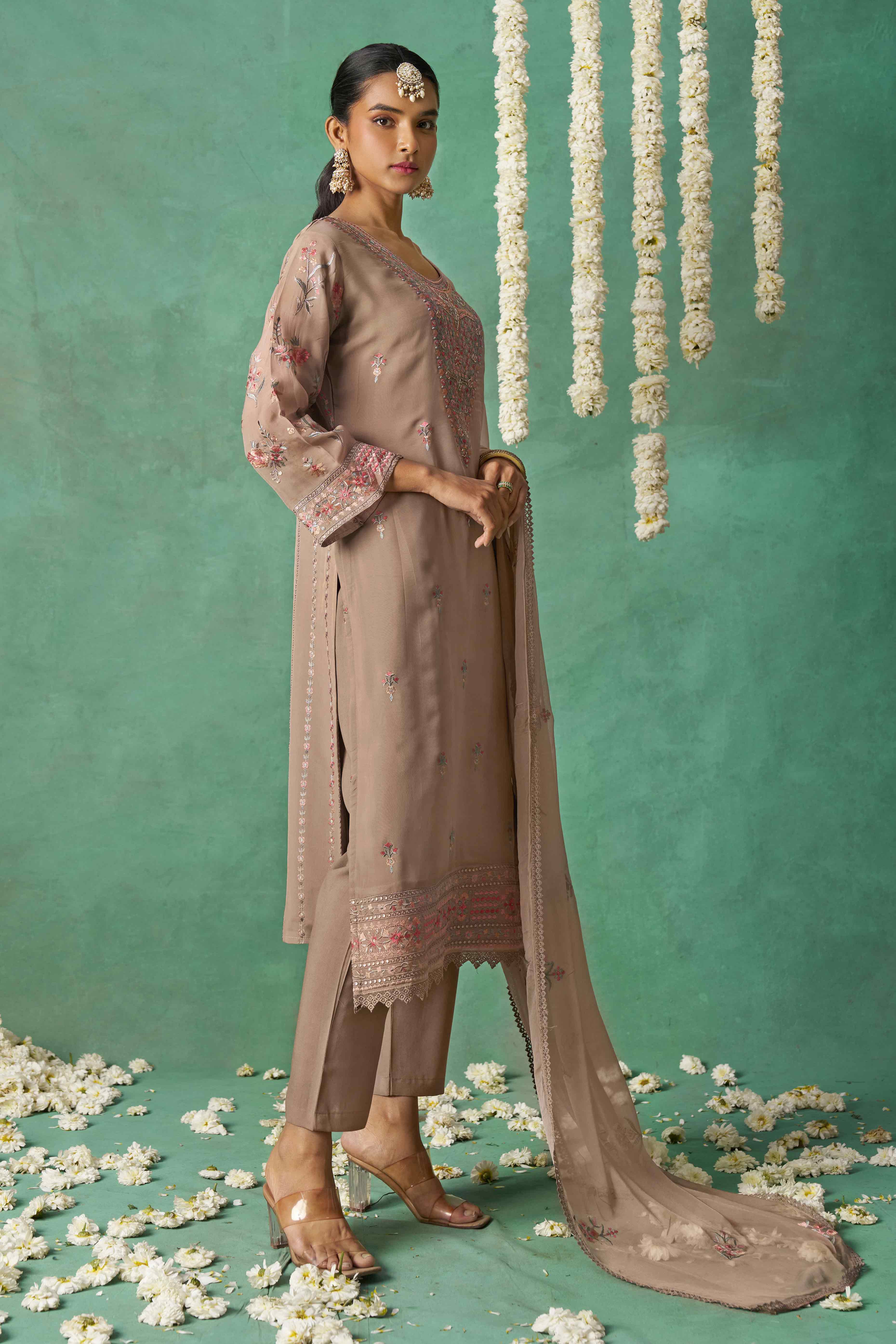 Chikoo Floral Sequins Embroidered Organza Semi Stitched Suit
