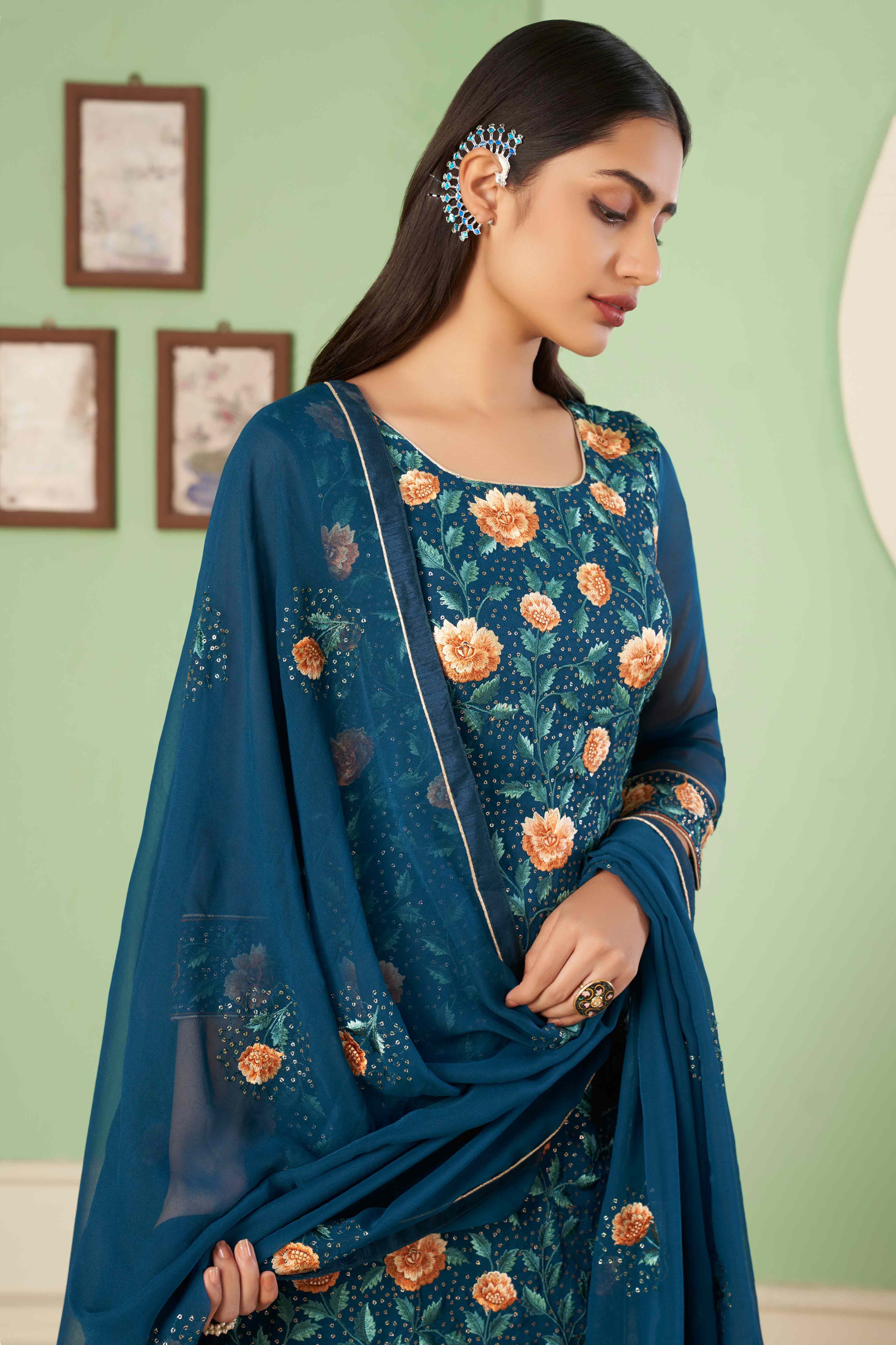 Morpich Blue Floral Sequins Embroidered Georgette Semi Stitched Suit