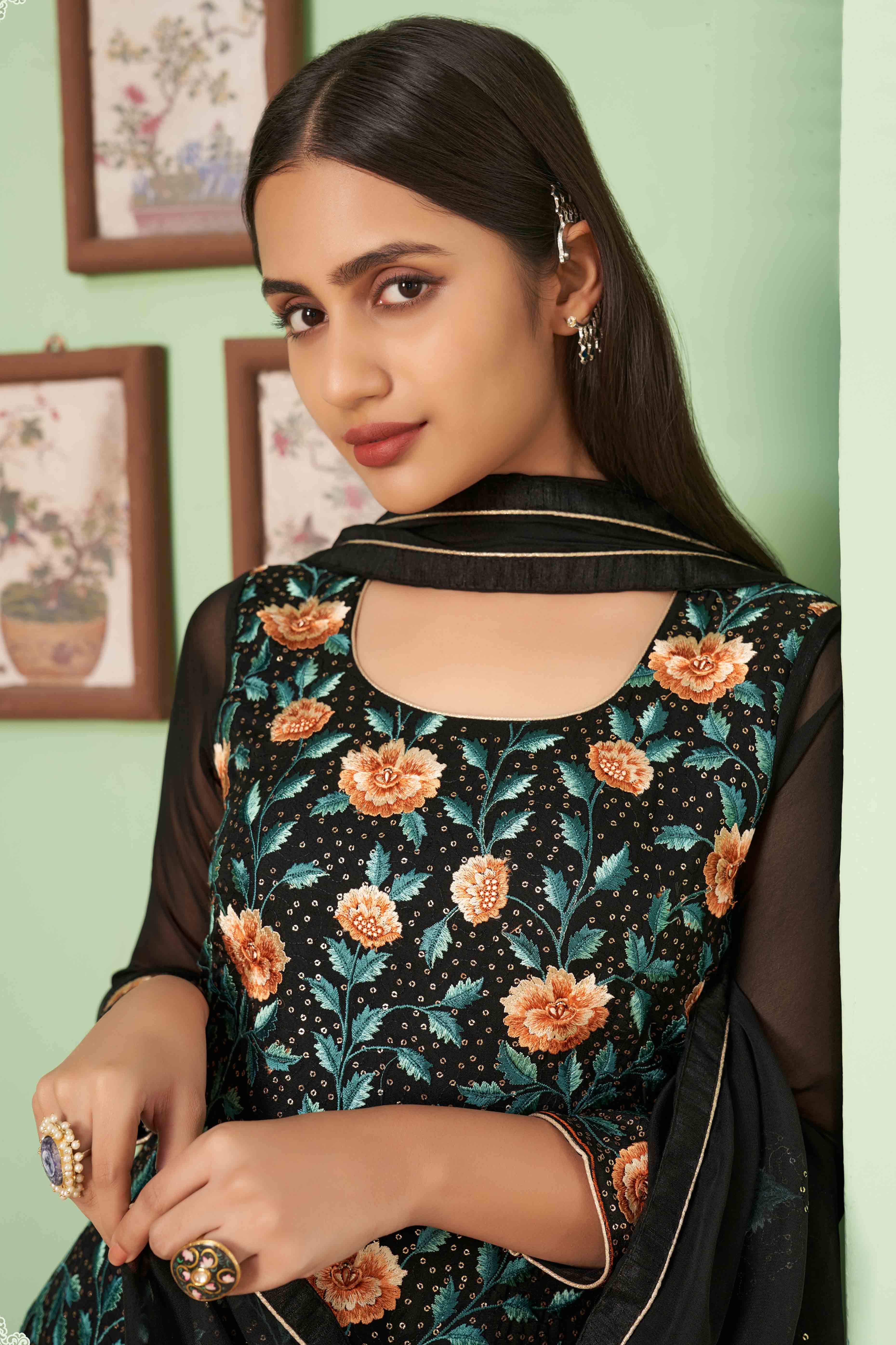 Black Floral Sequins Embroidered Georgette Semi Stitched Suit