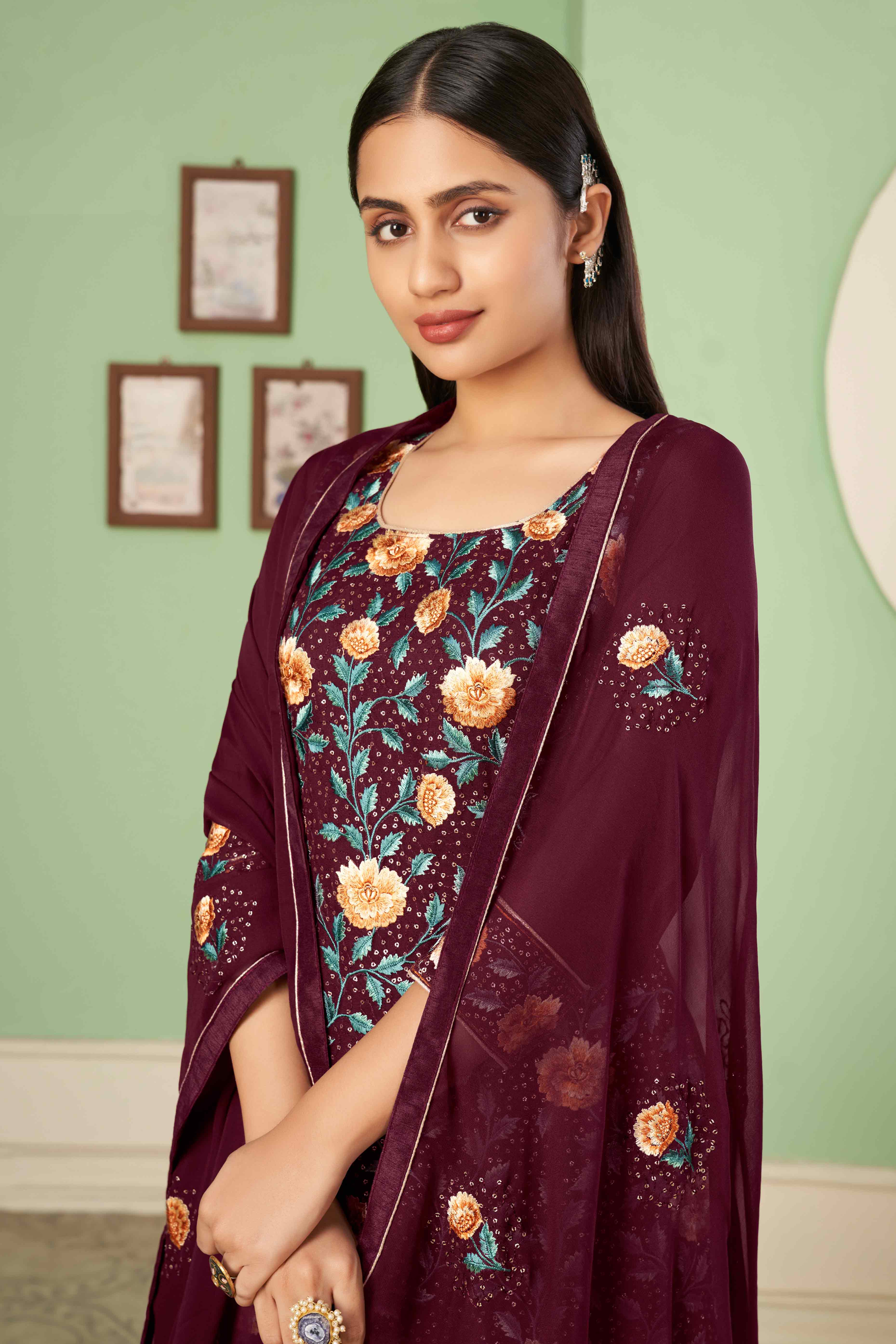 Wine Floral Sequins Embroidered Georgette Semi Stitched Suit