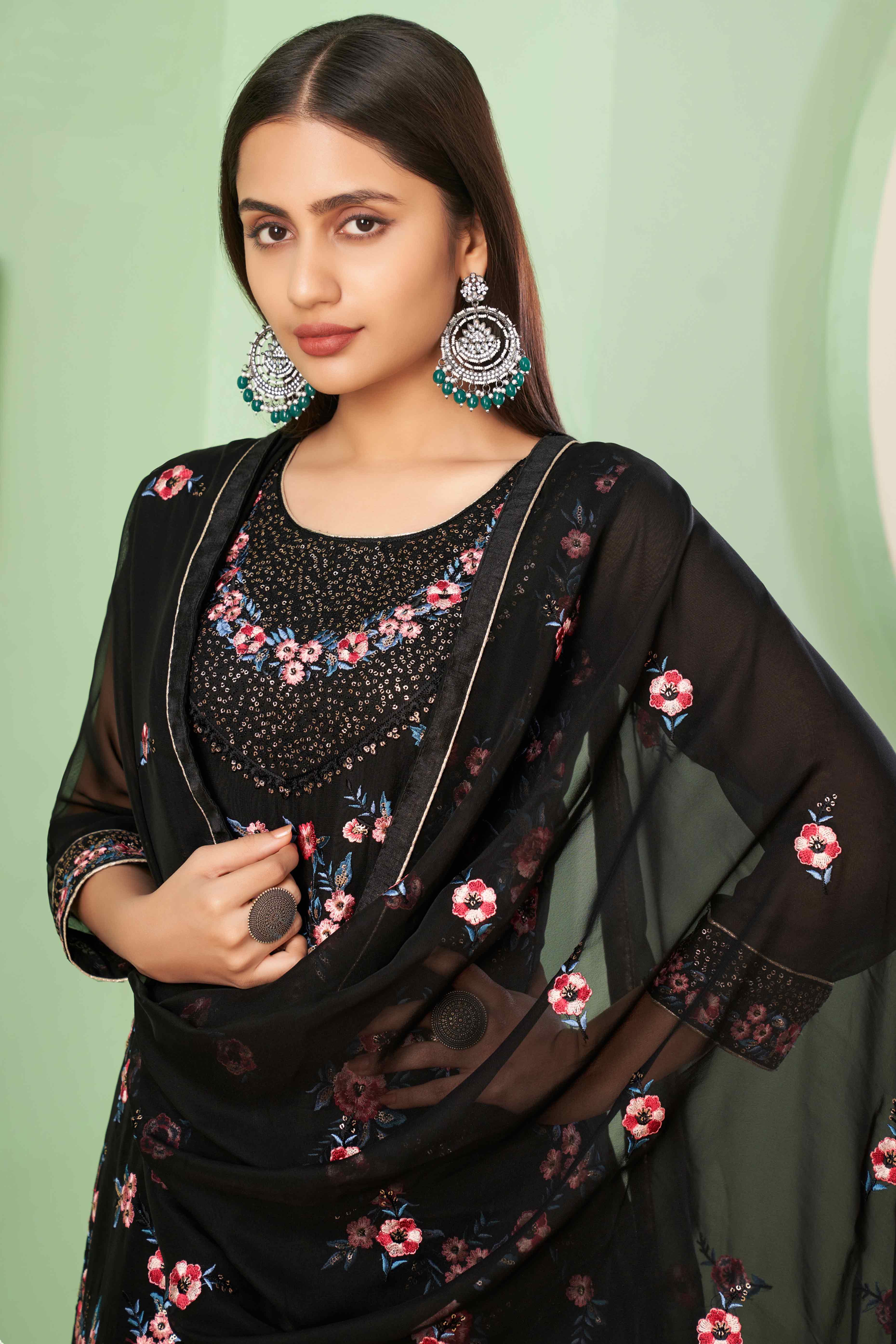 Black Floral Sequins Embroidered Georgette Semi Stitched Suit