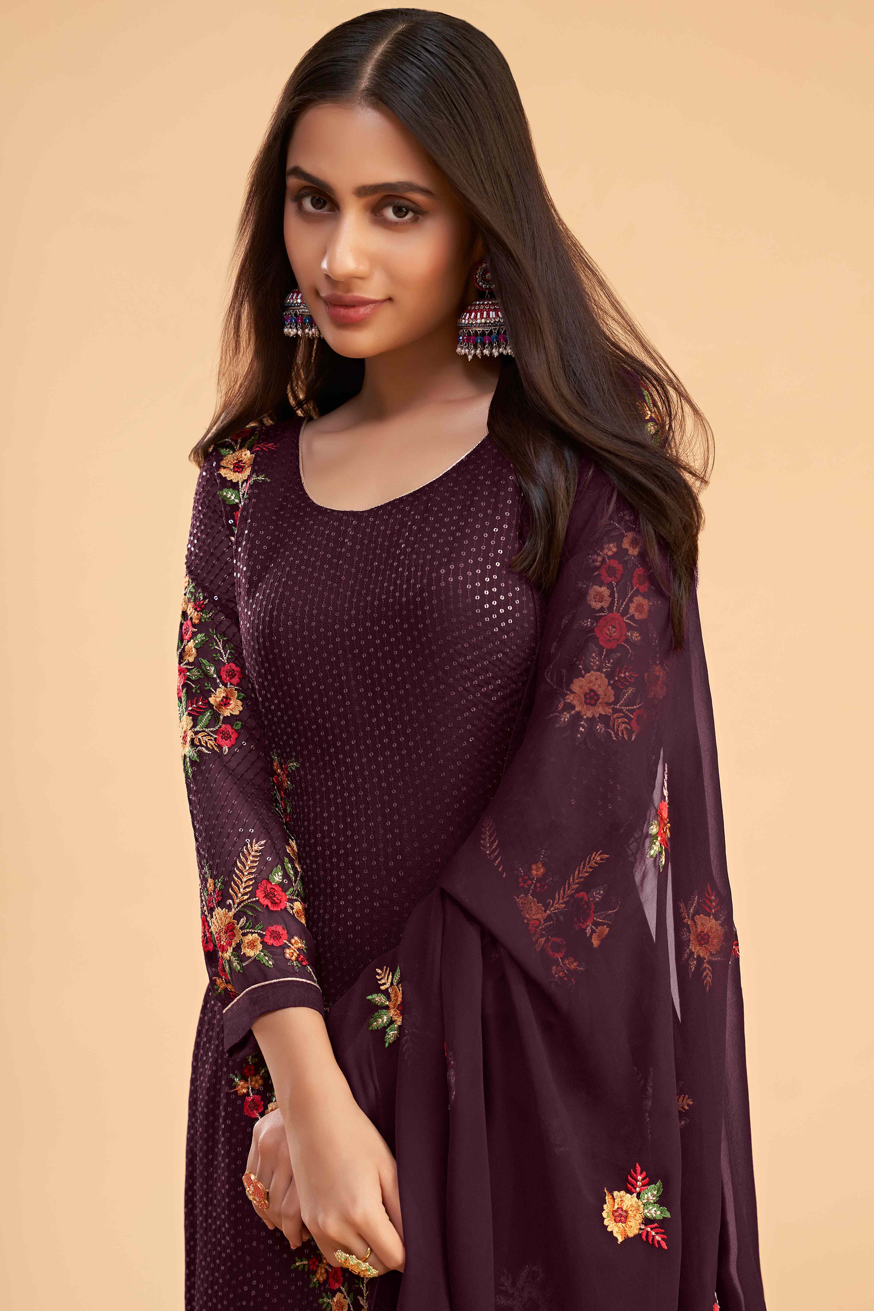 Wine Floral Sequins Embroidered Georgette Semi Stitched Suit