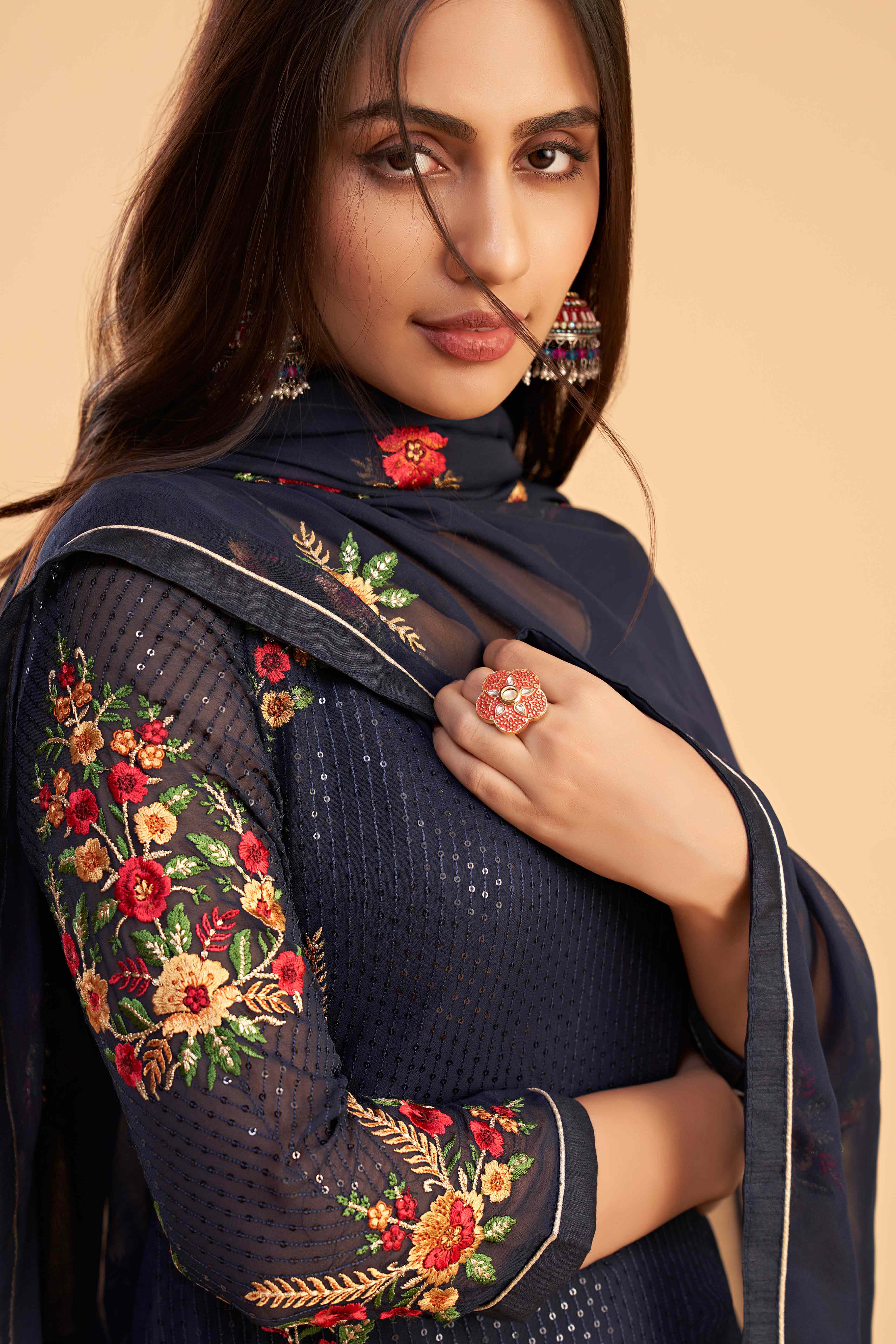 Blue Floral Sequins Embroidered Georgette Semi Stitched Suit