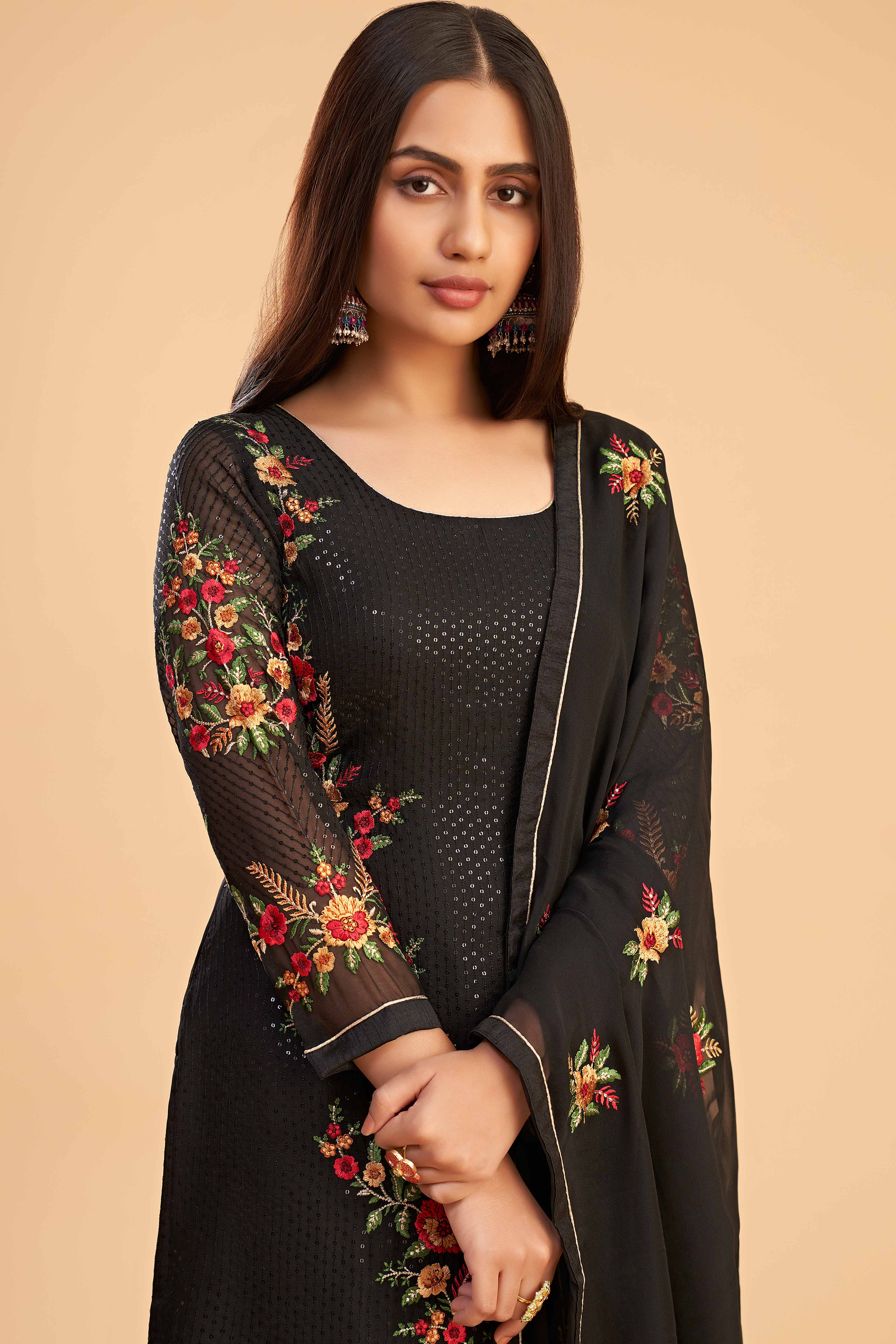 Black Floral Sequins Embroidered Georgette Semi Stitched Suit