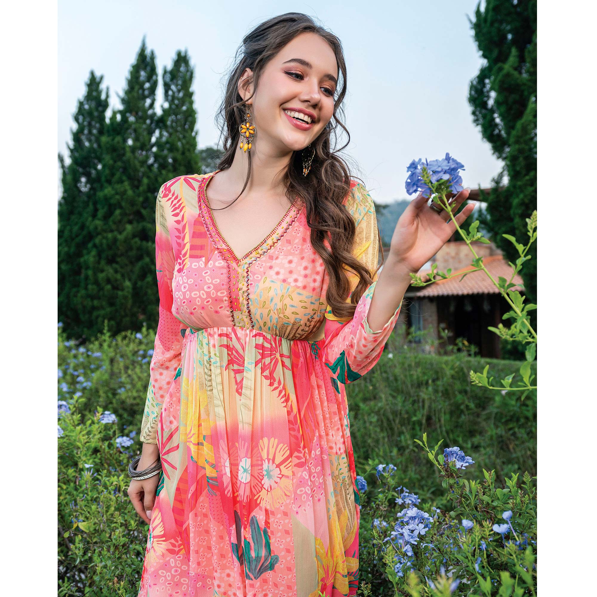 Multicolor Printed With Handwork Chiffon Dress