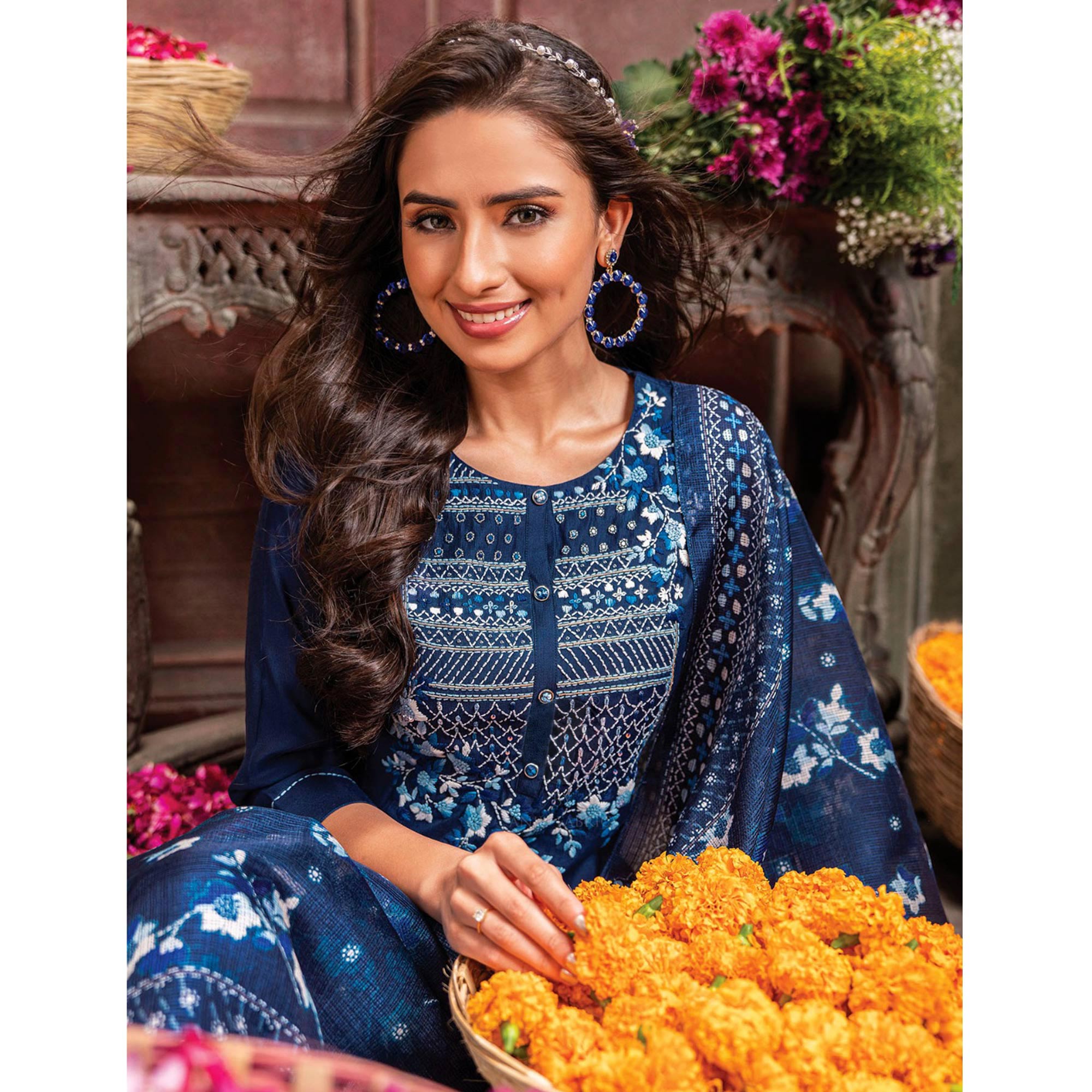 Navy Blue Handwork Embroidered Viscose Salwar Suit