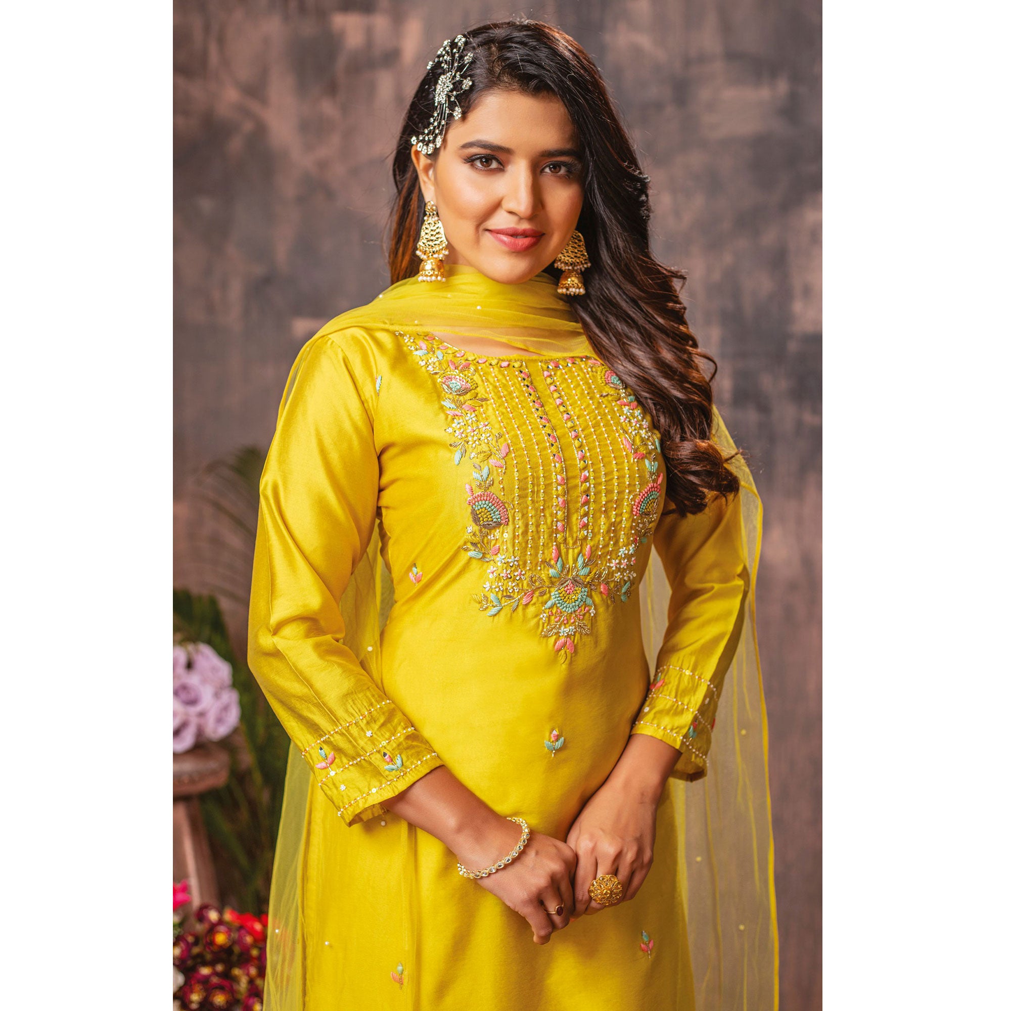 Yellow Floral Embroidered Chanderi Suit