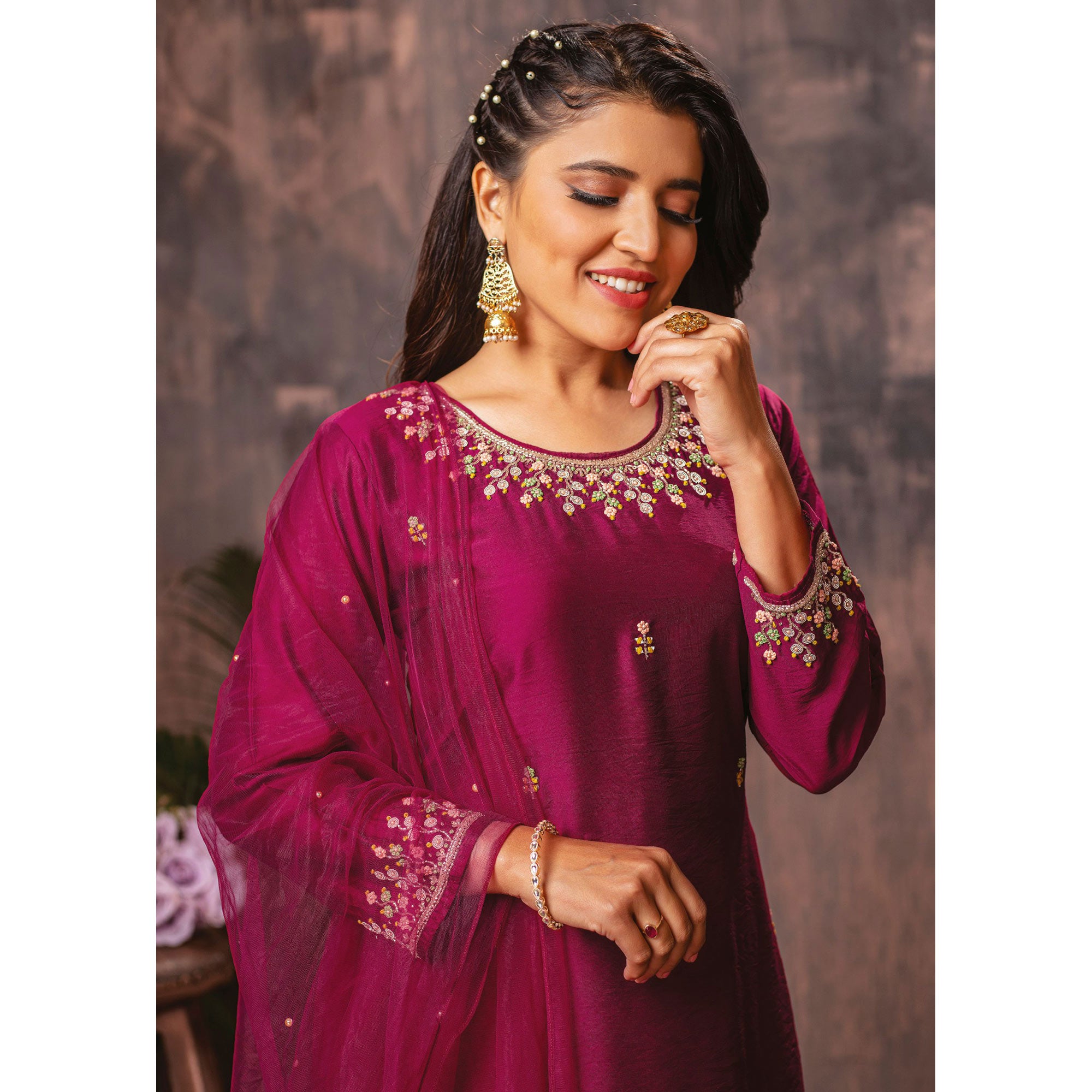 Pink Floral Embroidered Chanderi Suit