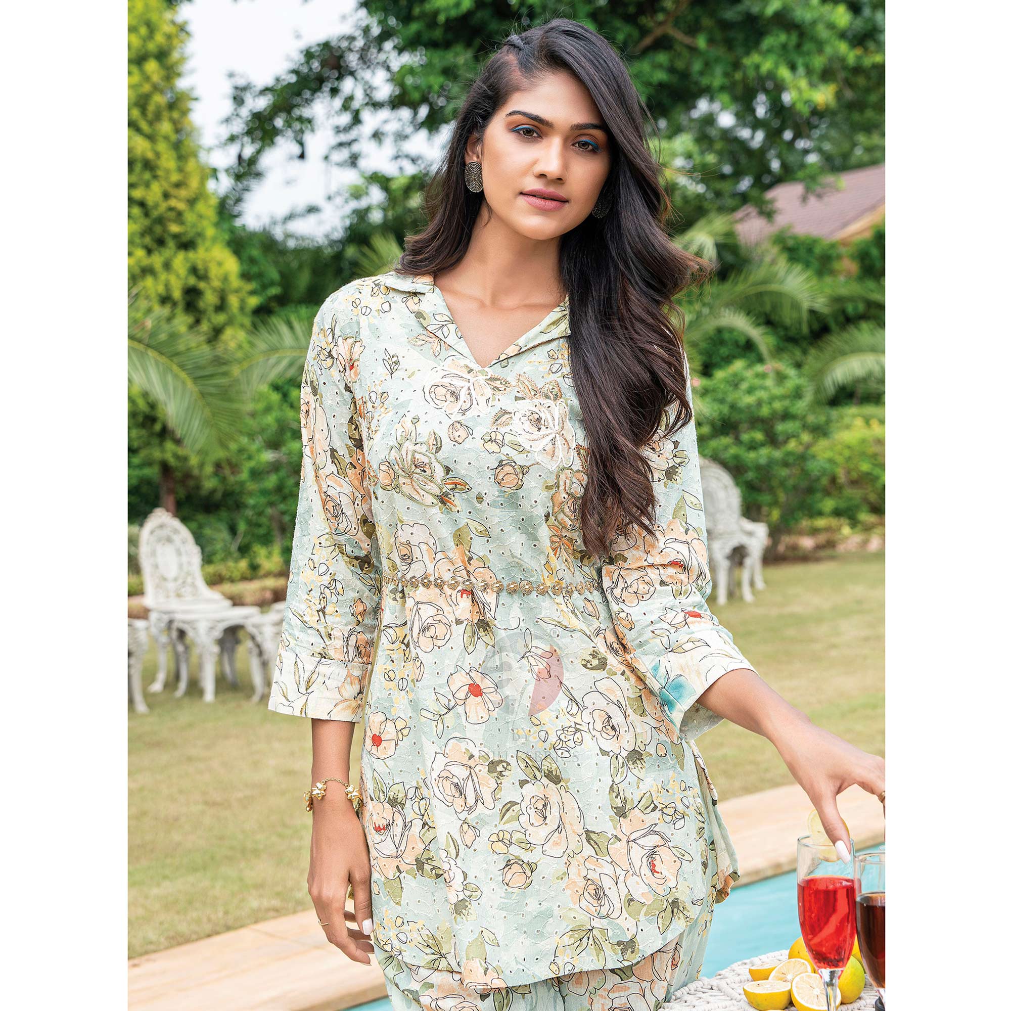 Turquoise Floral Printed Pure Cotton Co Ord Set