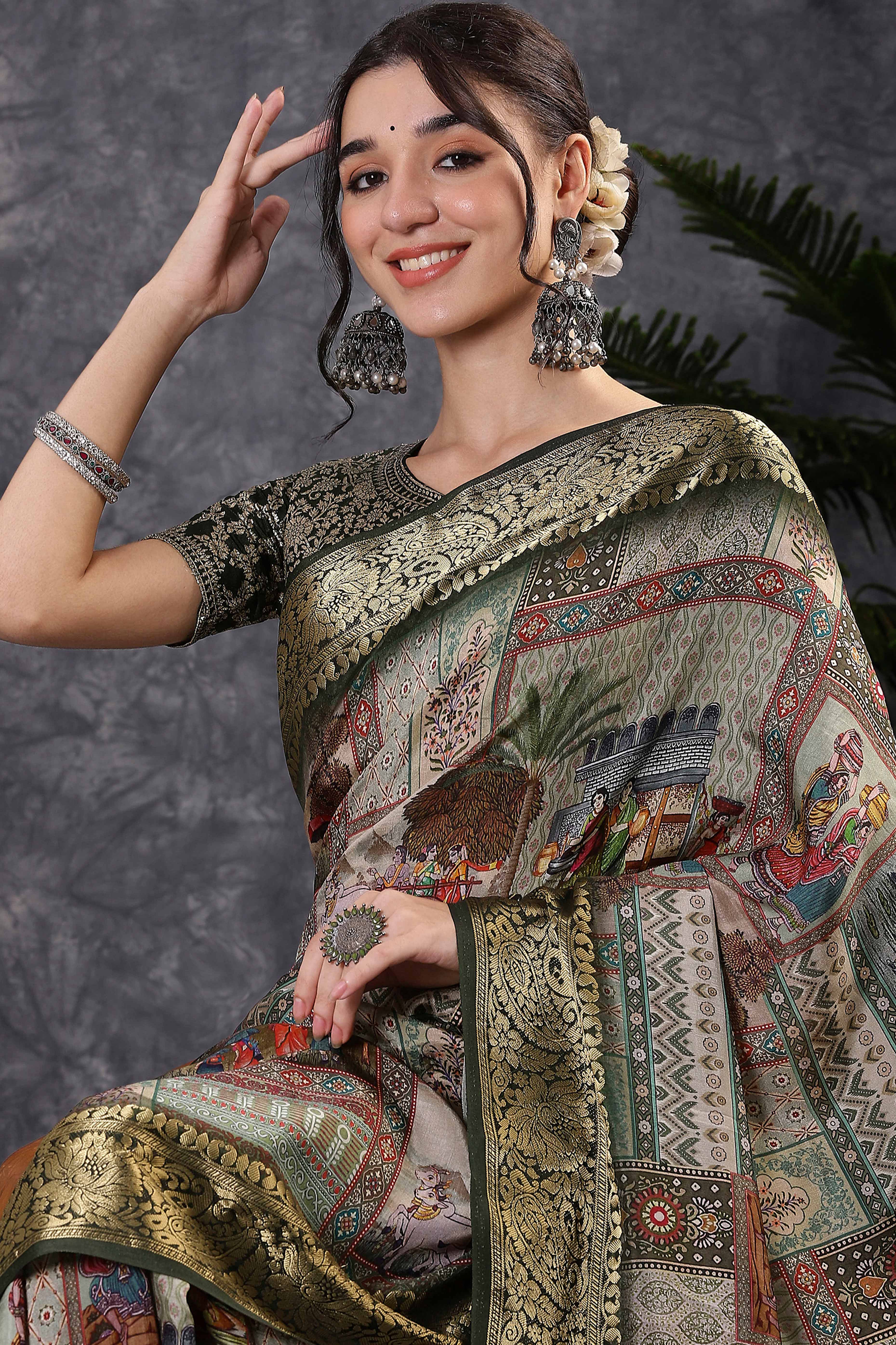 Light Olive Artistic Print Saree in Dola Silk with Woven Border