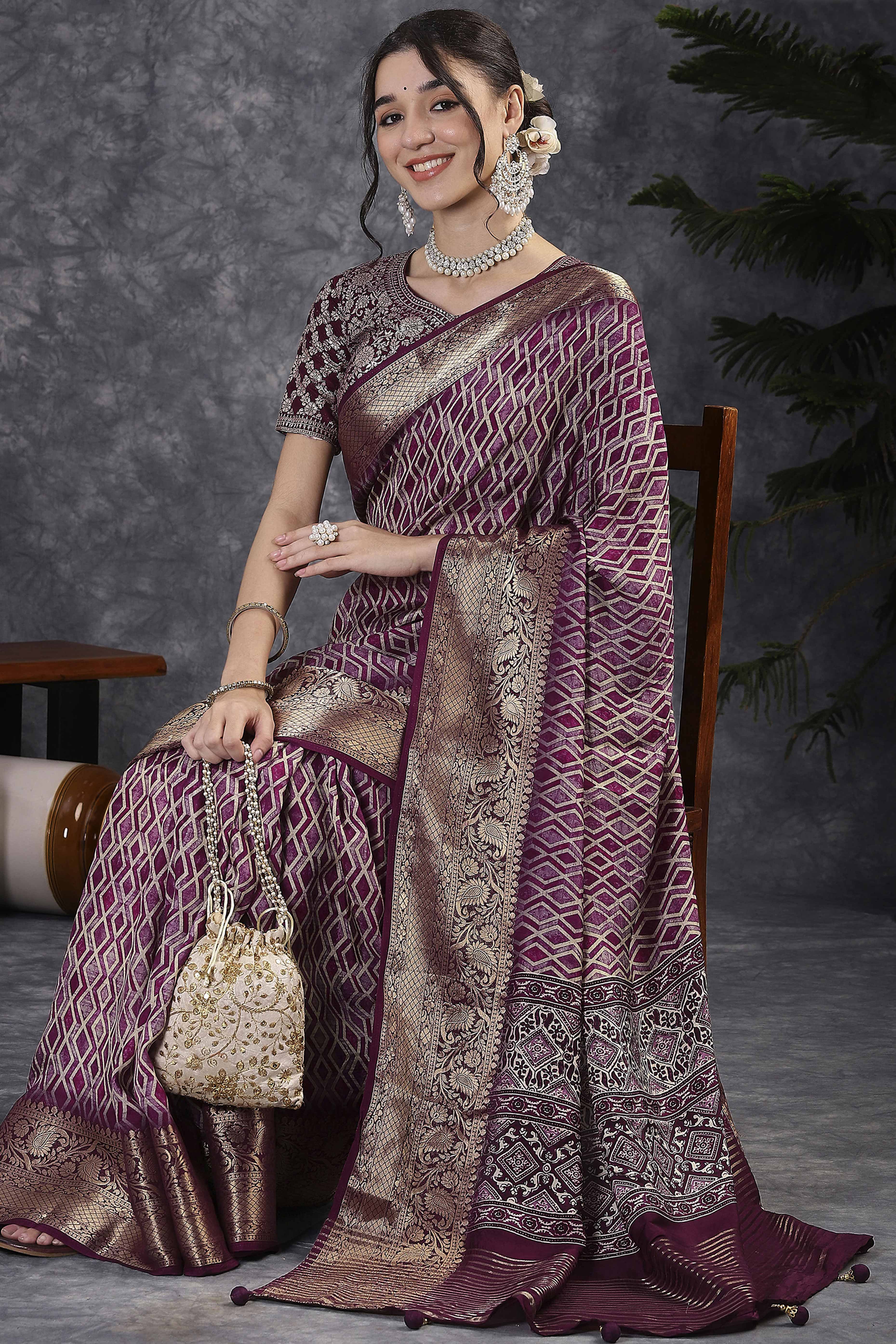 Wine Artistic Print Saree in Dola Silk with Woven Border