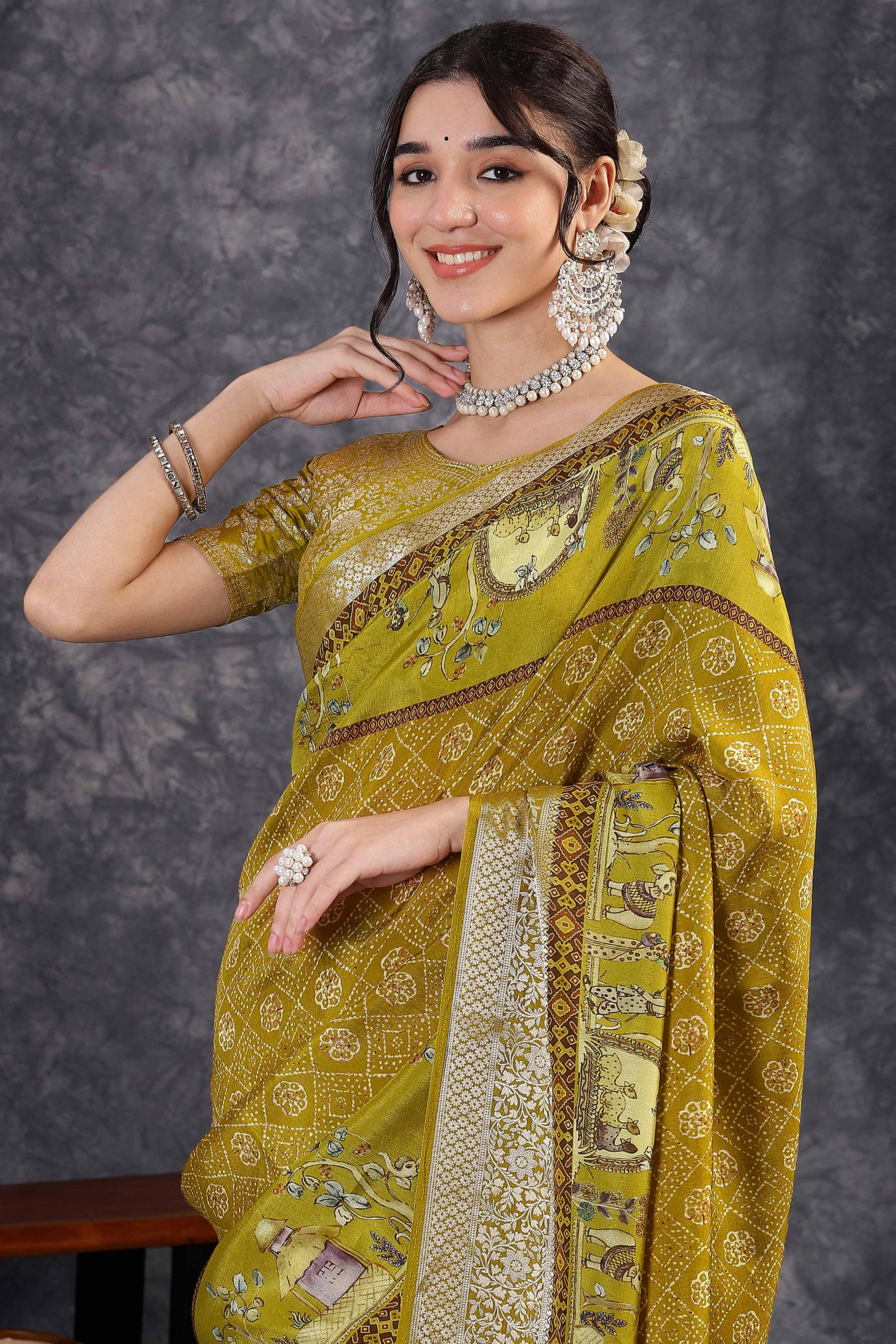 Green Artistic Print Saree in Dola Silk with Woven Border