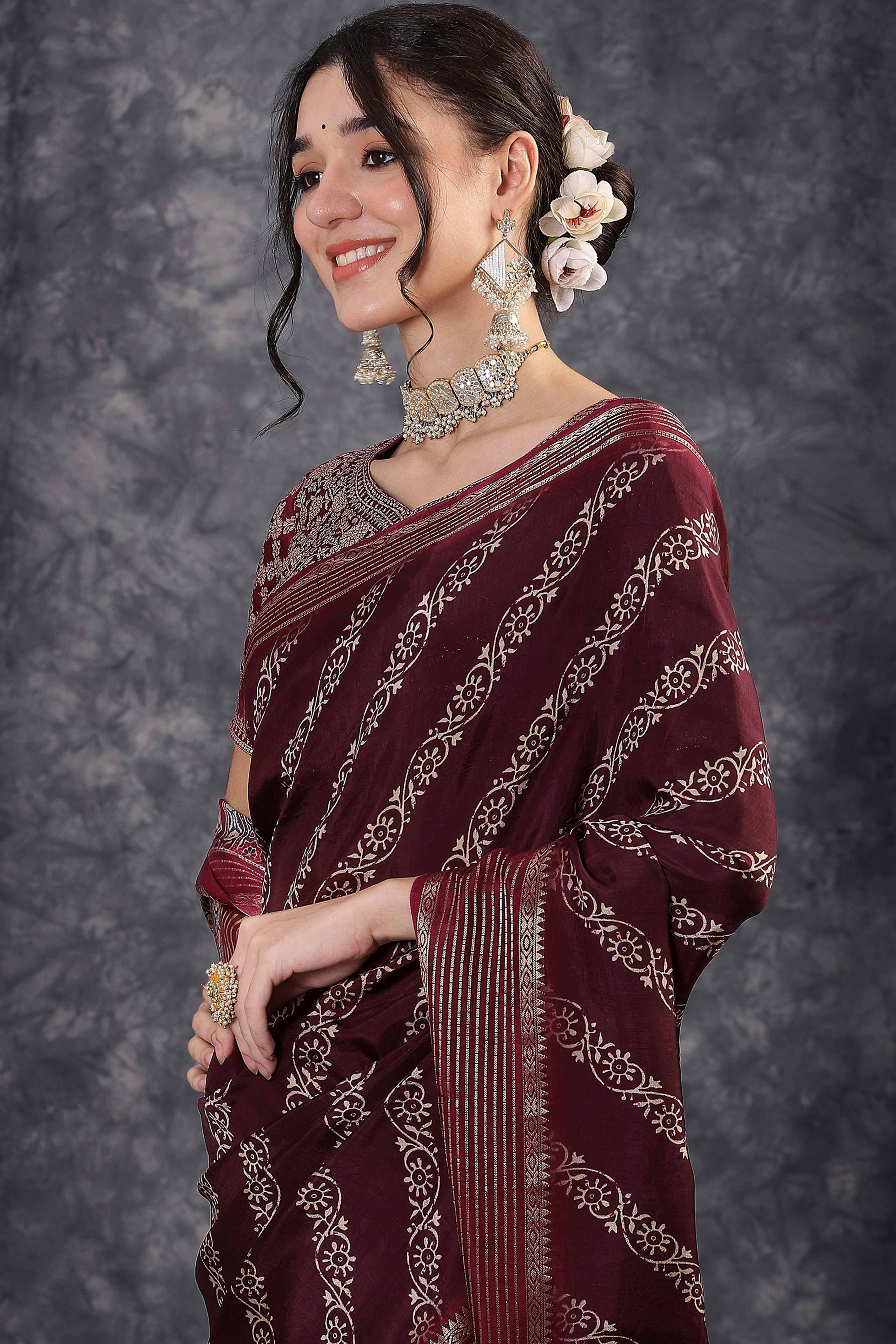 Abstract Pattern Dola Silk Saree in Wine with Jacquard Detailing