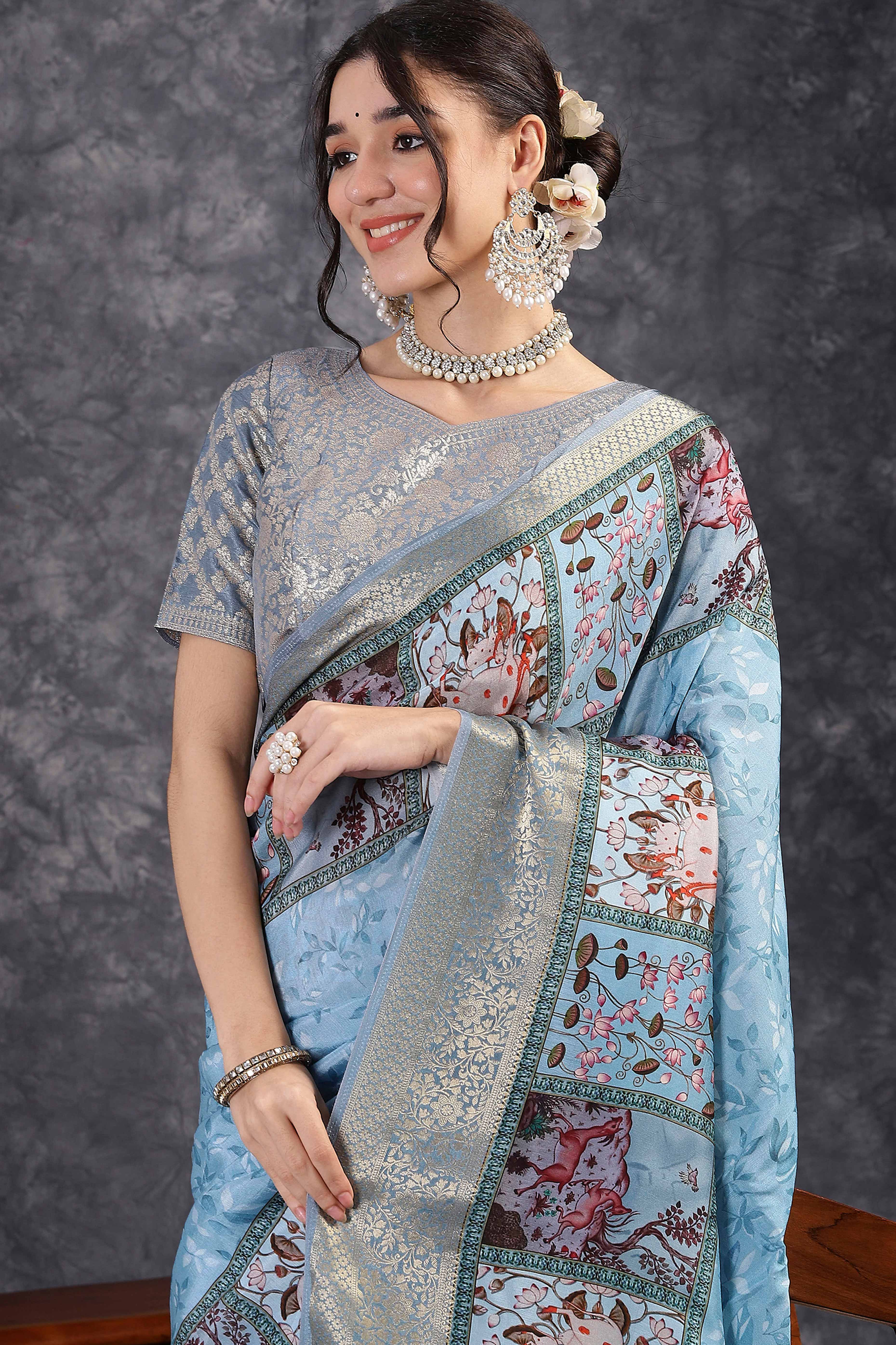 Abstract Pattern Dola Silk Saree in Sky Blue with Jacquard Detailing