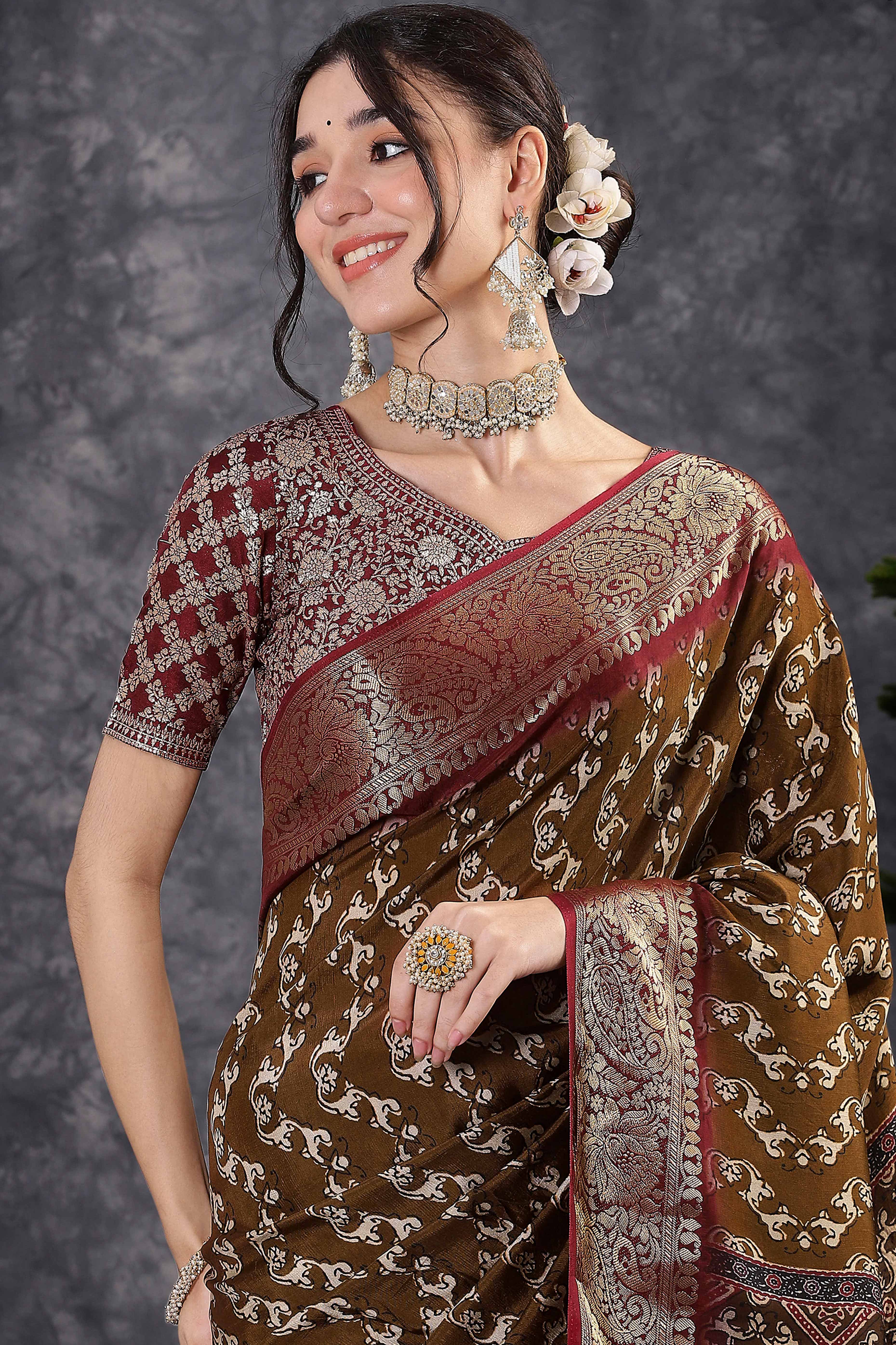 Abstract Pattern Dola Silk Saree in Brown with Jacquard Detailing