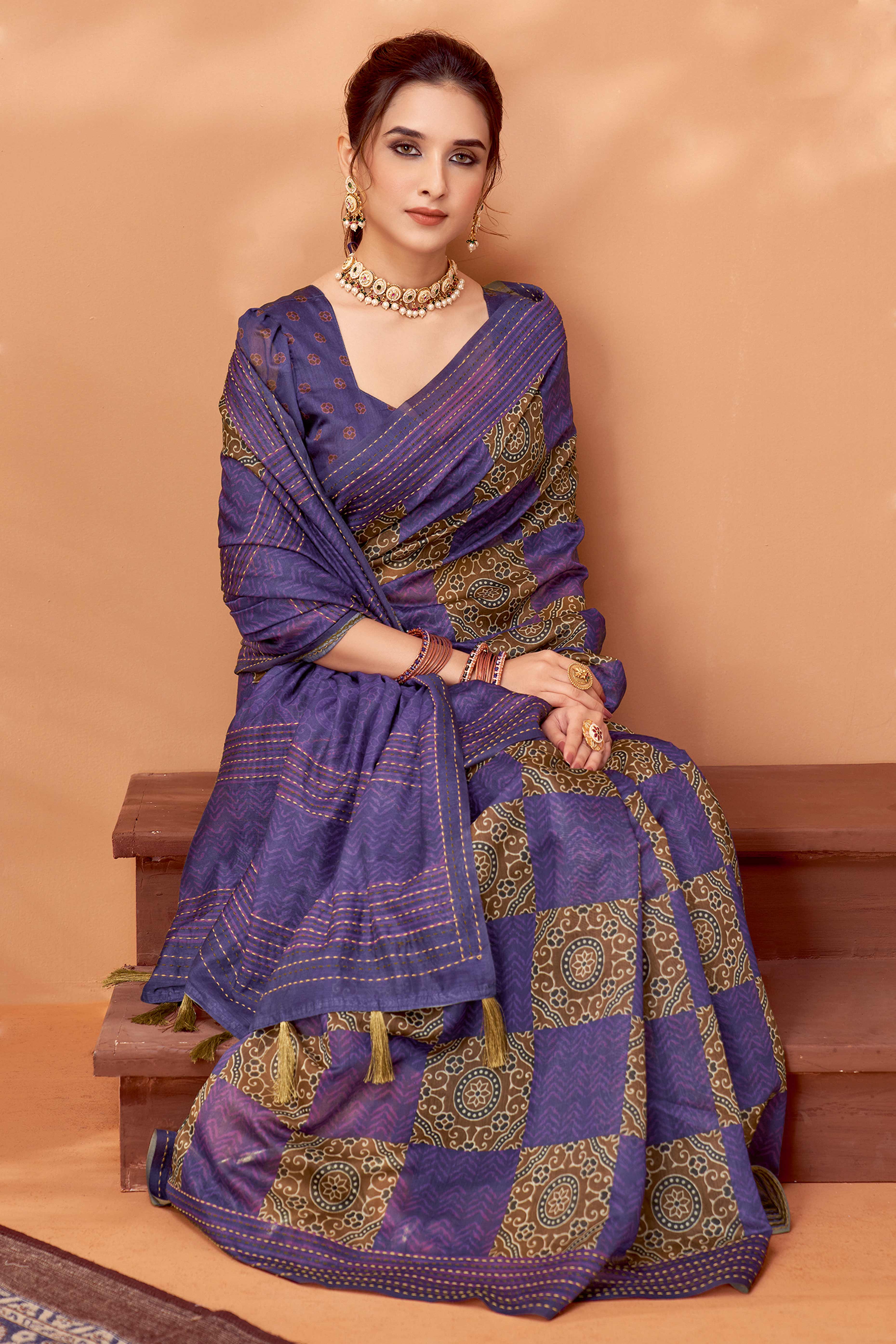 Lavender Handfeel Cotton Silk Saree Adorned with Traditional Ajrakh Motifs