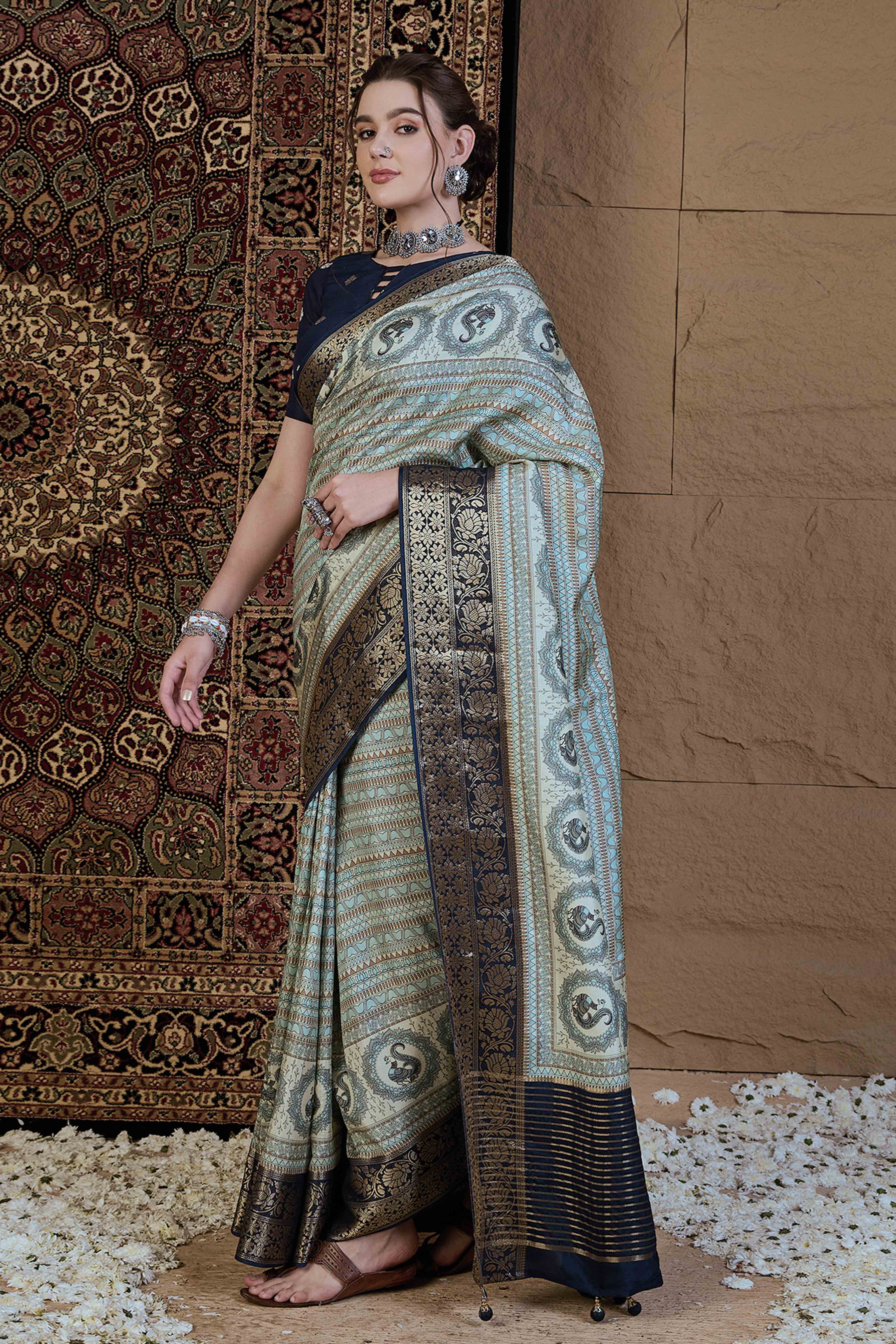 Sky Blue Floral Printed Viscose Saree