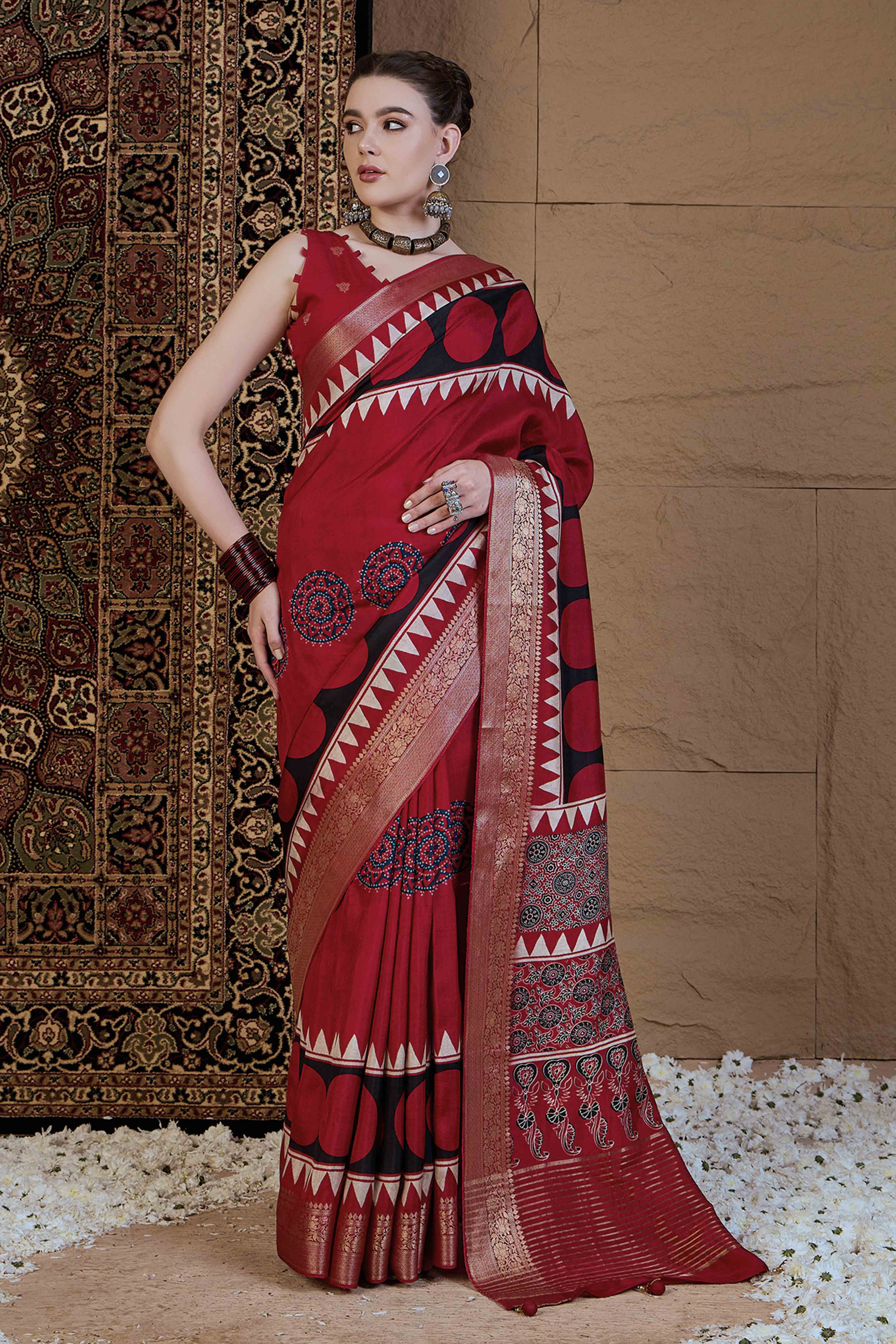 Red Geometric Printed Viscose Saree