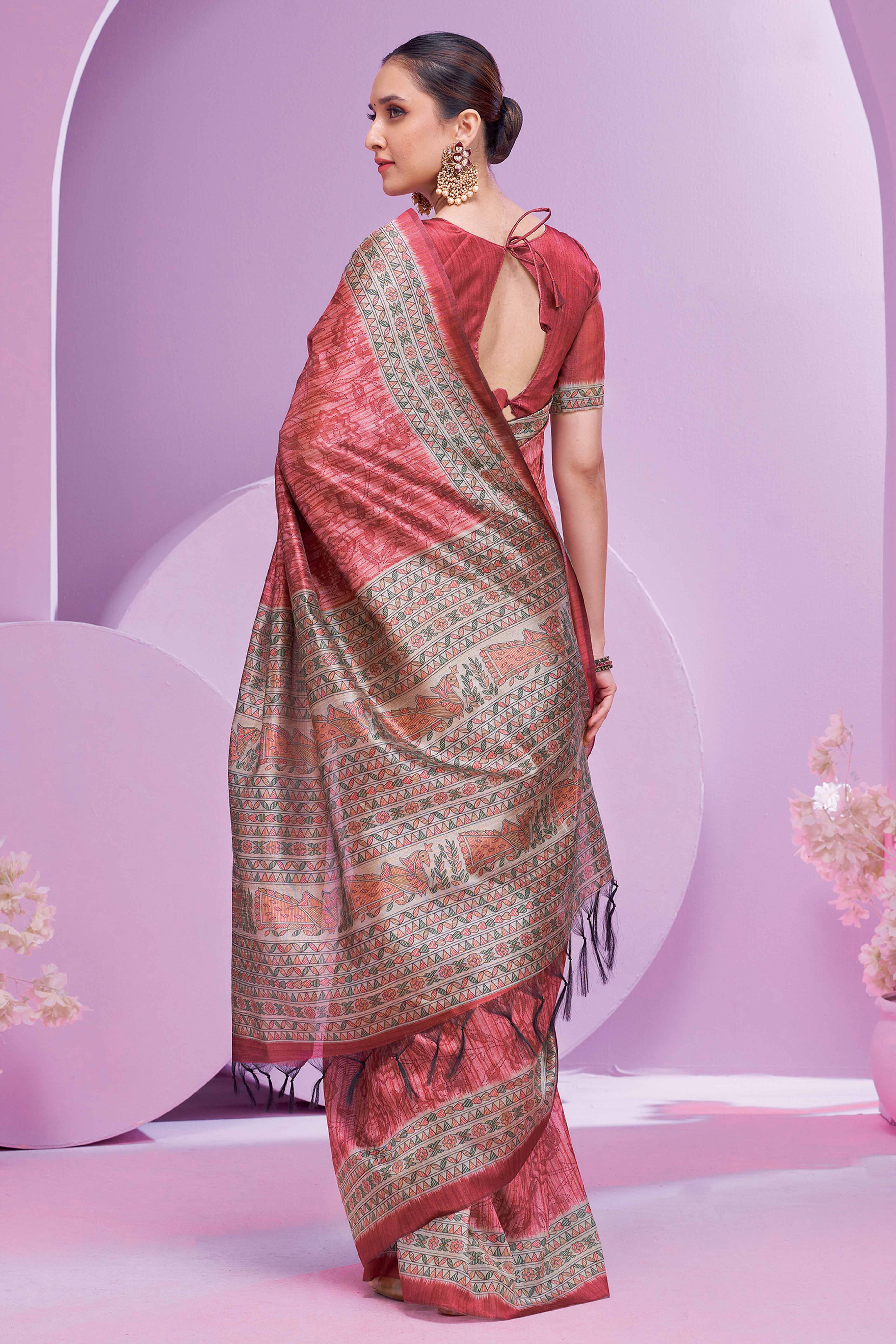 Rustic Red Ethnic Cotton Silk Saree Adorned with Madhubani Florals Print