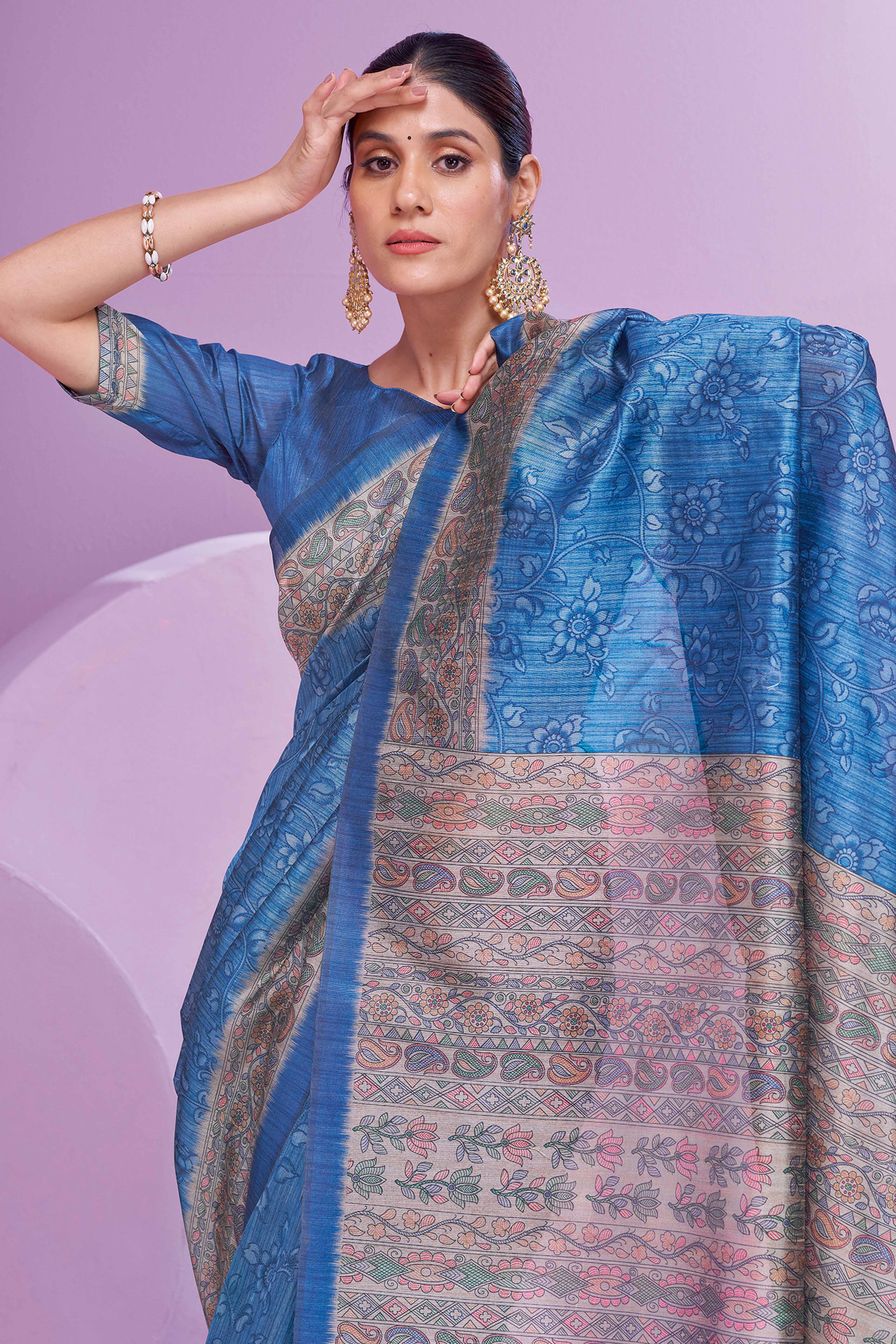 Teal Ethnic Cotton Silk Saree Adorned with Madhubani Florals Print