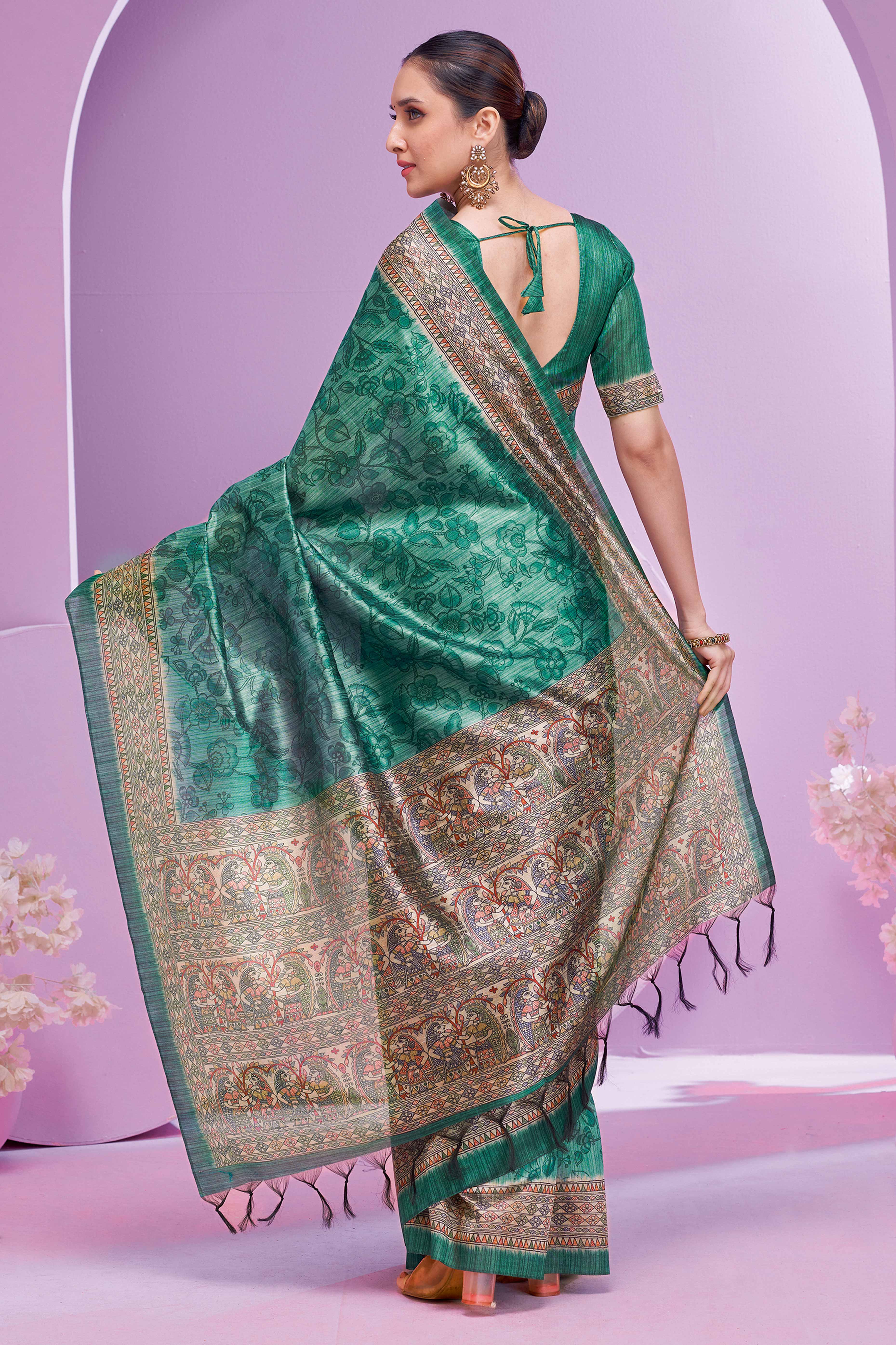 Rama Green Ethnic Cotton Silk Saree Adorned with Madhubani Florals Print