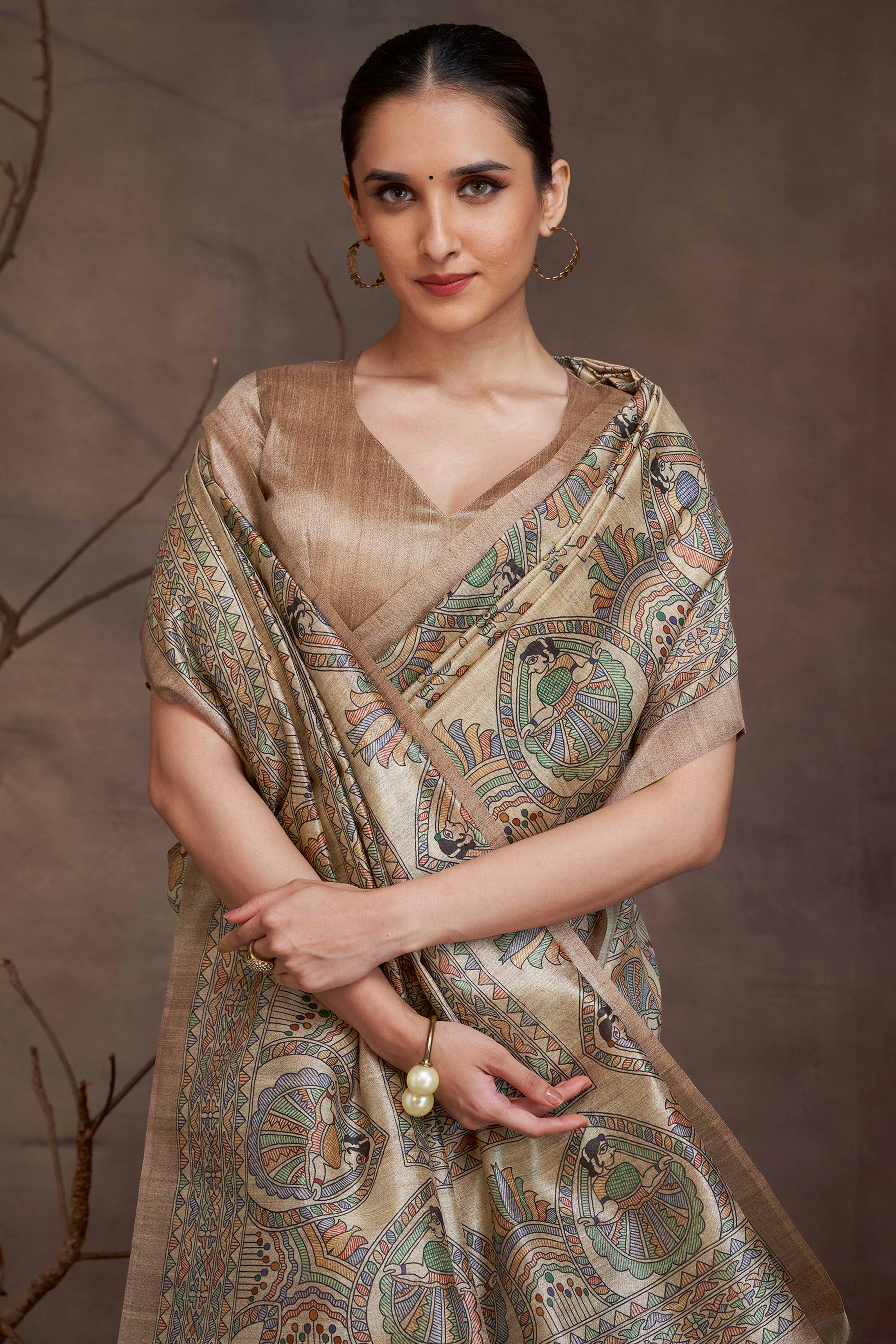 Elegant Beige Madhubani Printed Saree in Cotton Silk