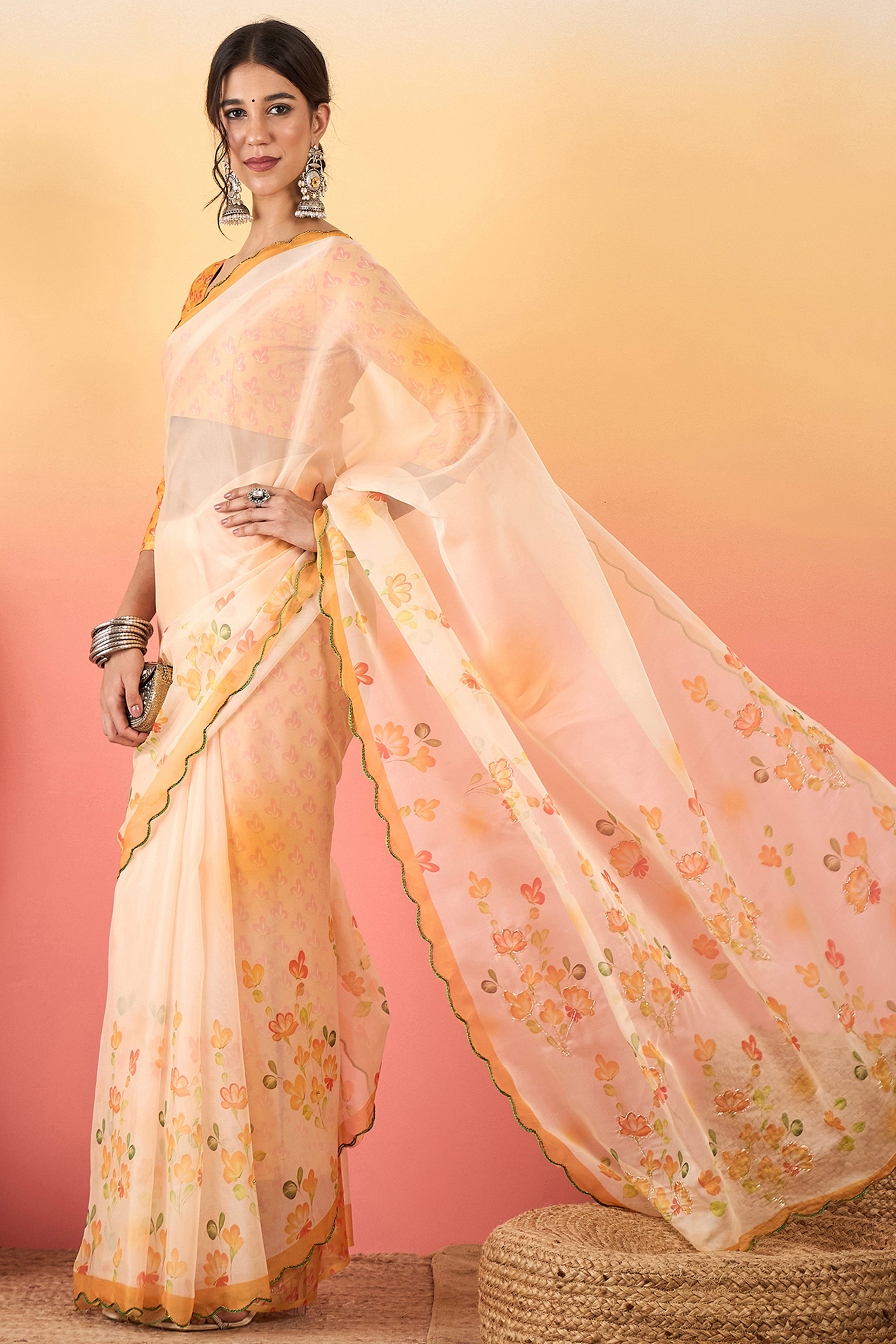 Gorgeous Cream Floral Printed Saree in Sheer Organza Blend Fabric with Handcrafted Beads Work