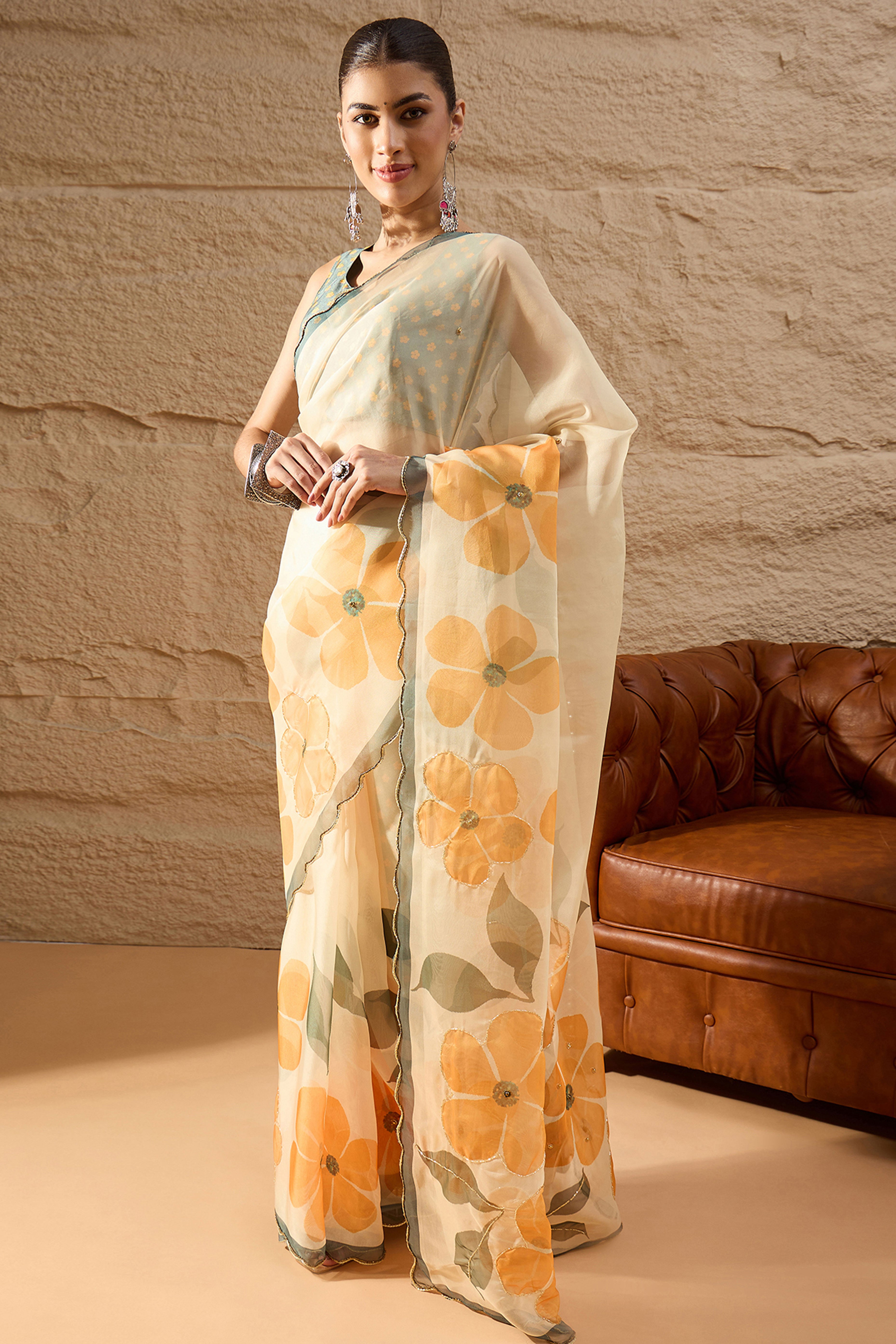 Cream Floral Printed Saree in Sheer Organza Blend Fabric with Handcrafted Beads Work