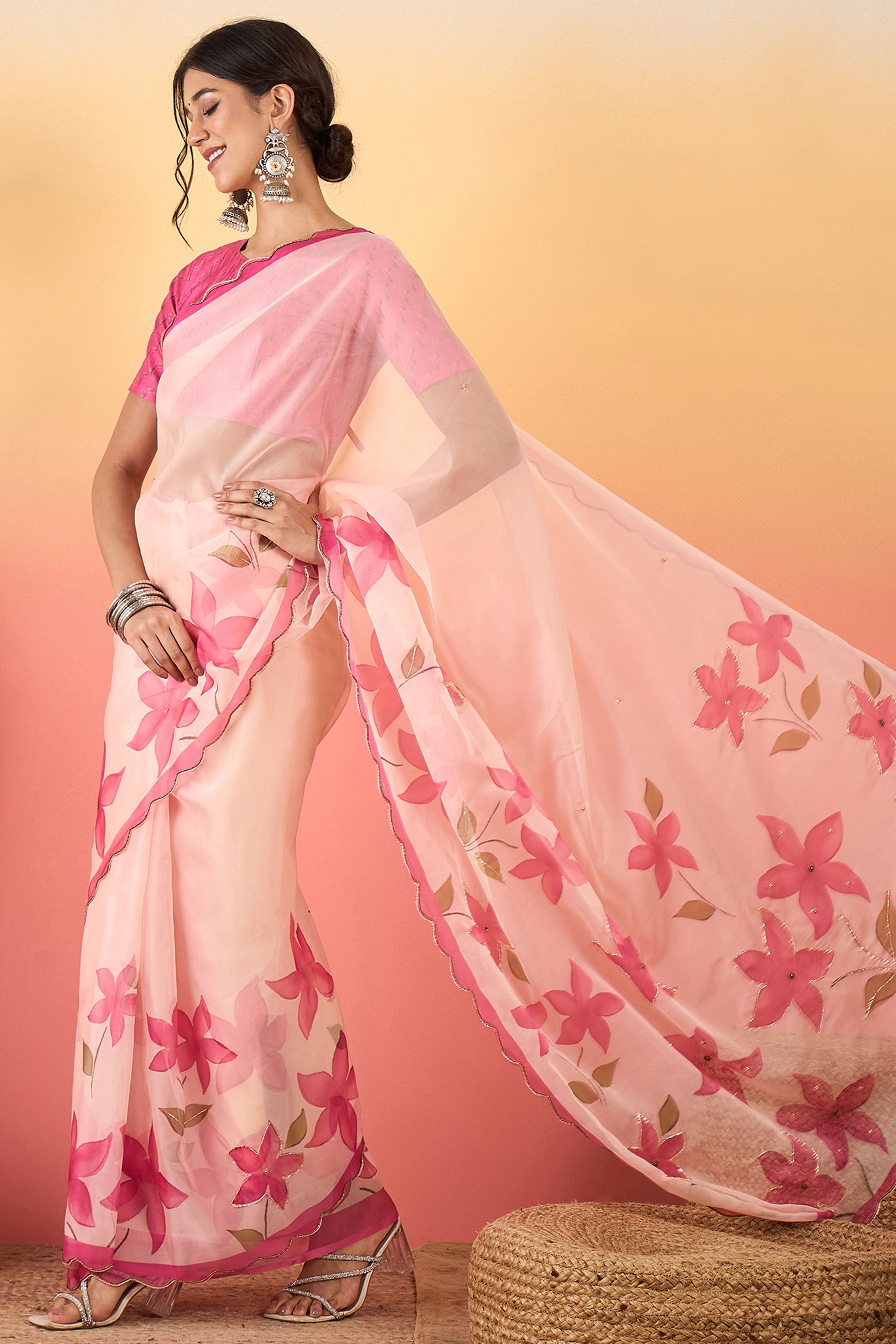 Gorgeous Pink Floral Printed Saree in Sheer Organza Blend Fabric with Handcrafted Beads Work
