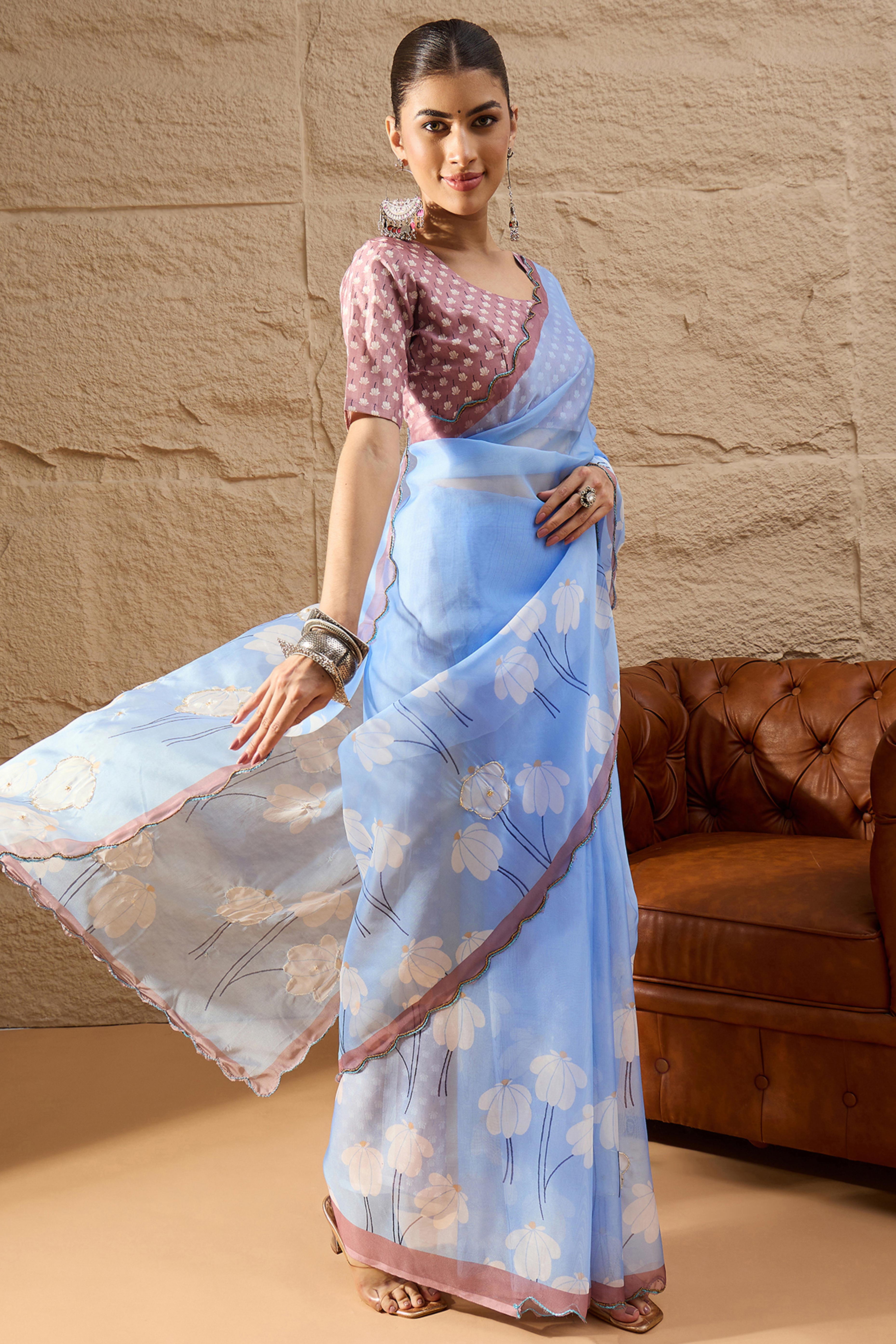 Gorgeous Light Blue Floral Printed Saree in Sheer Organza Blend Fabric with Handcrafted Beads Work