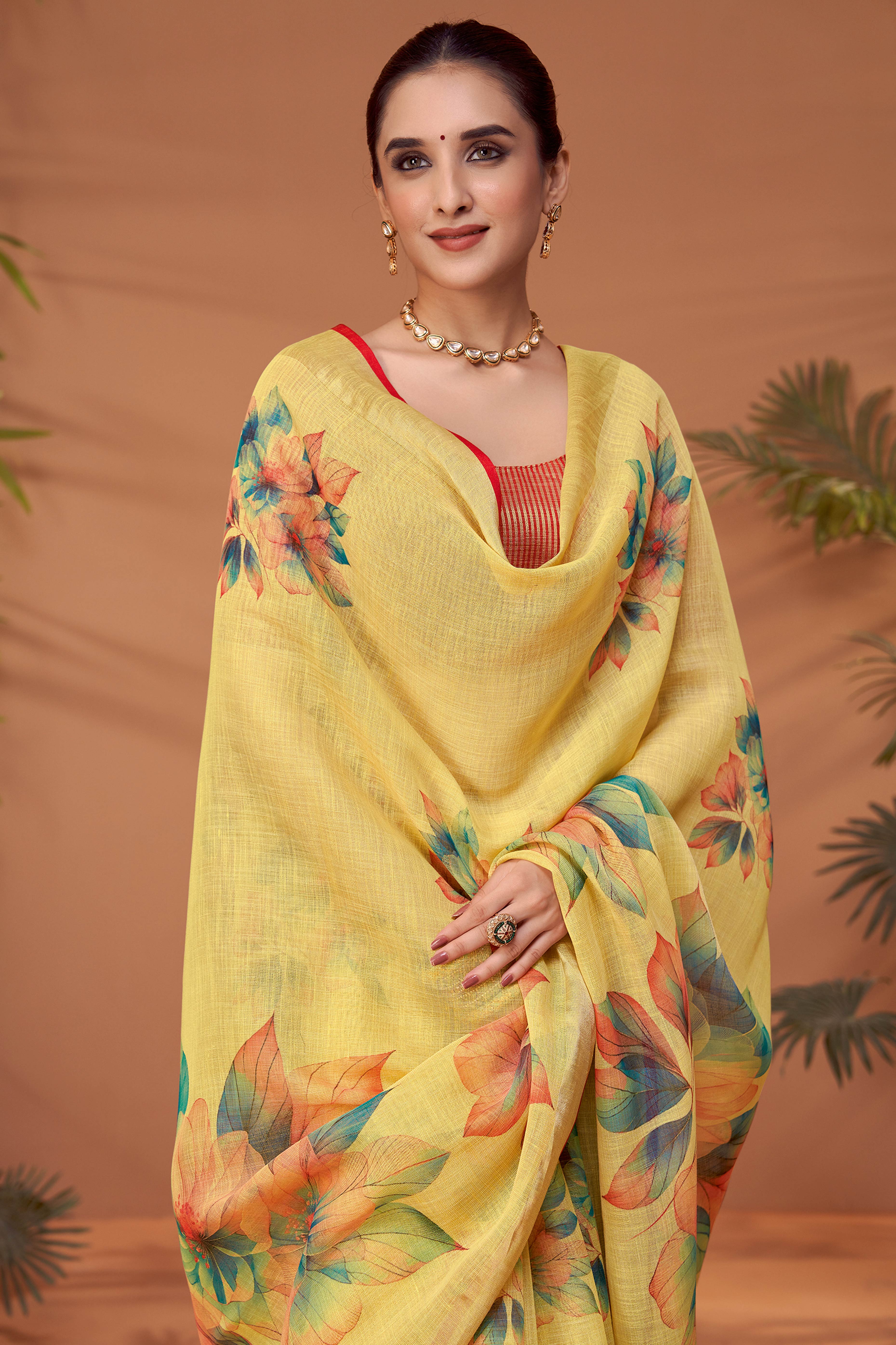 Yellow Woven Floral Printed Linen Blend Saree with Soft Elegant Texture